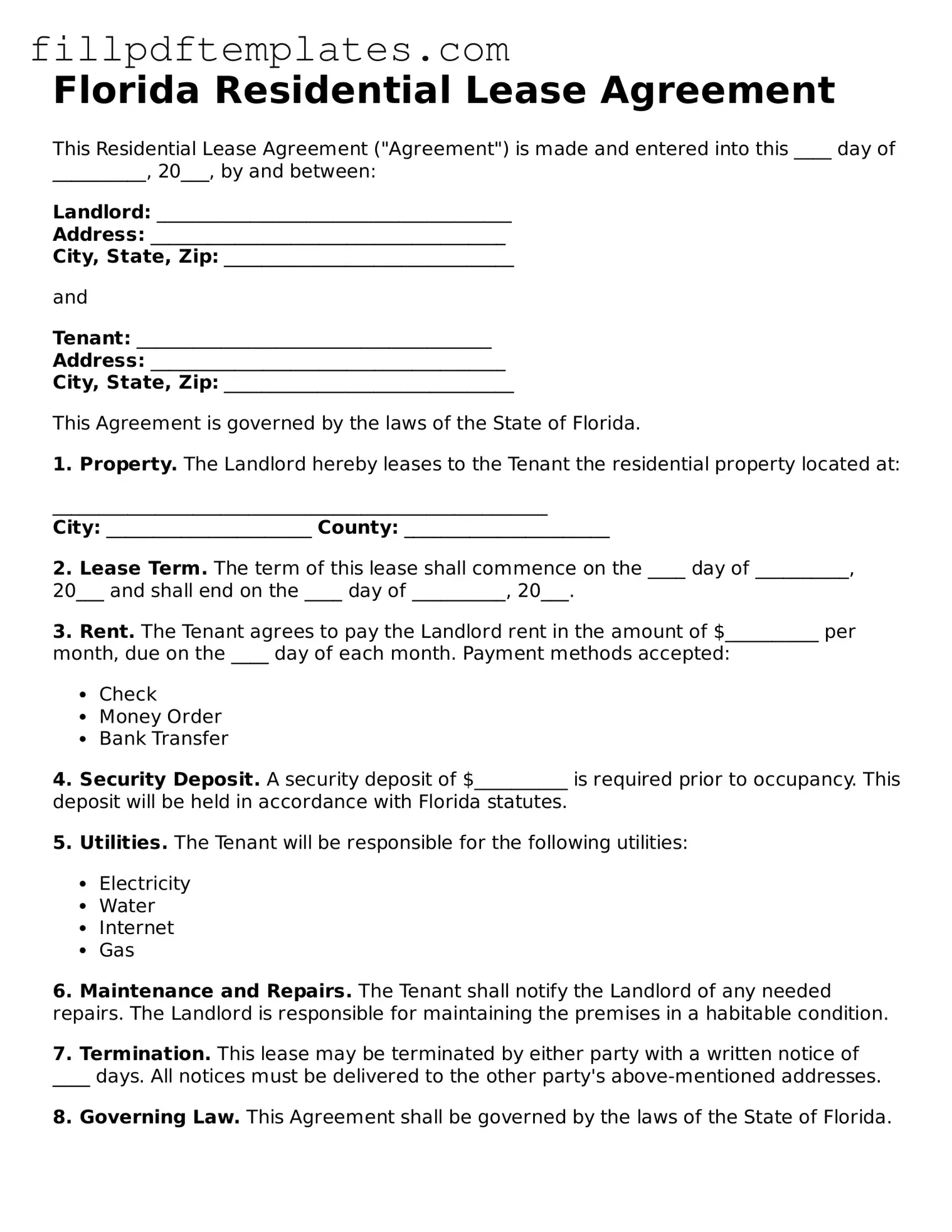 Blank Florida Residential Lease Agreement Form