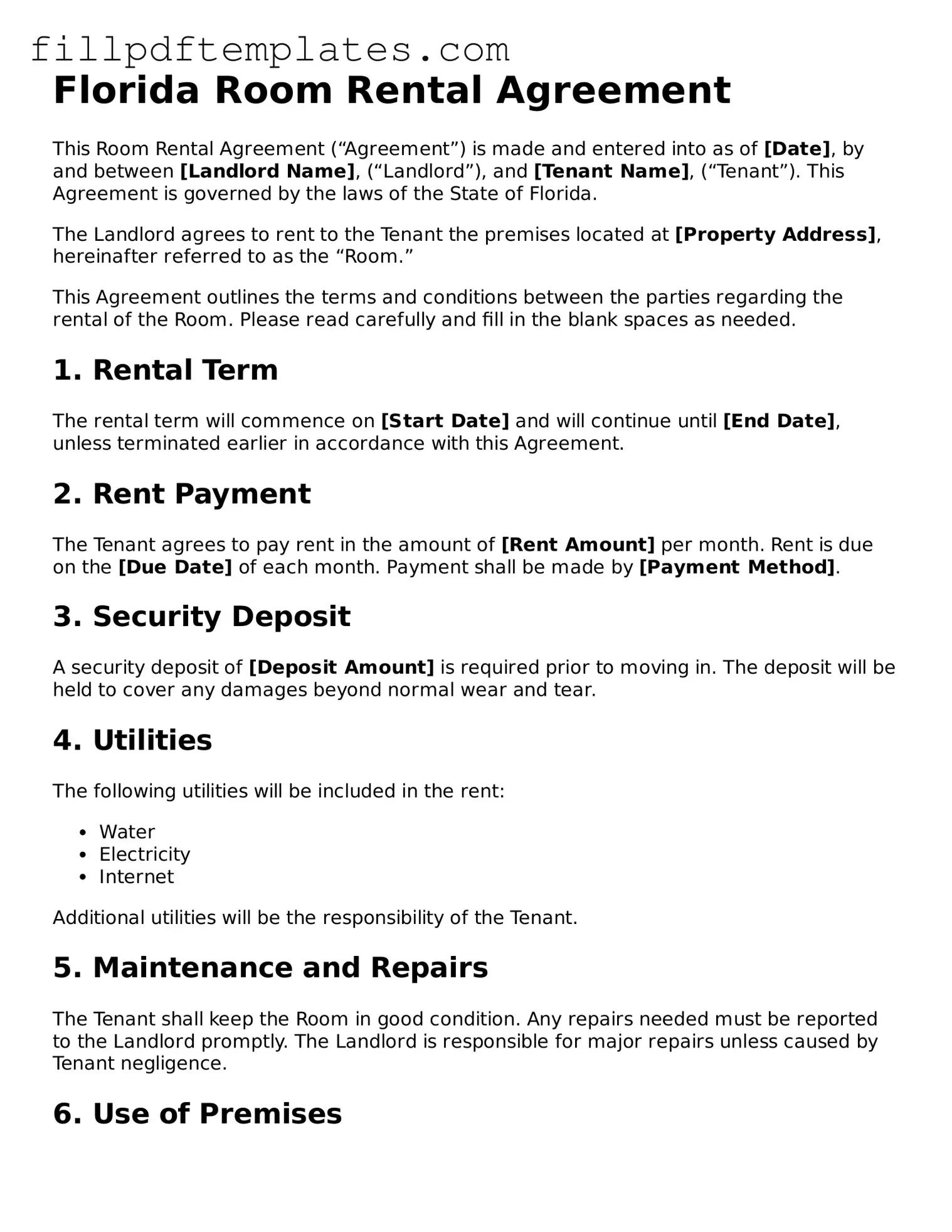 Blank Florida Room Rental Agreement Form