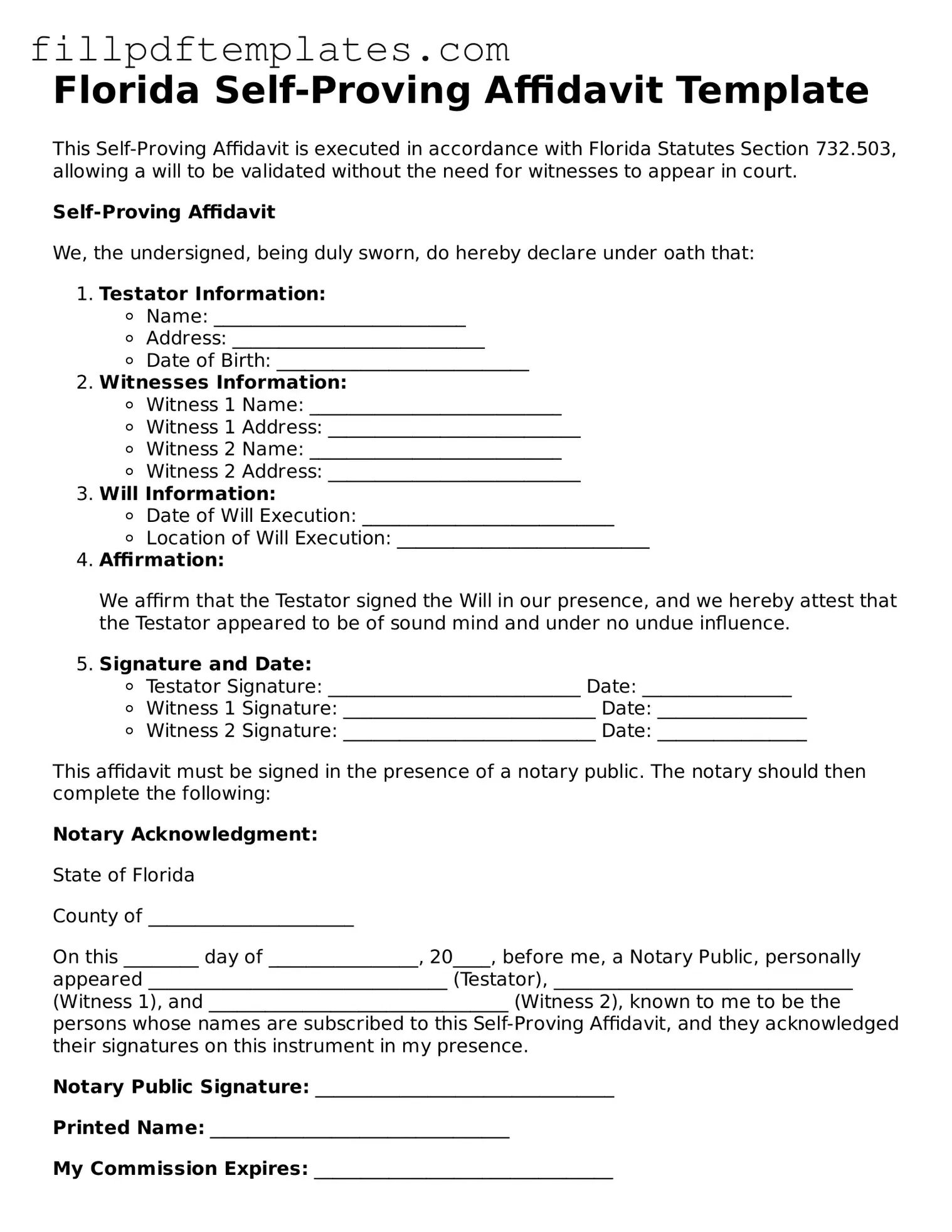 Blank Florida Self-Proving Affidavit Form