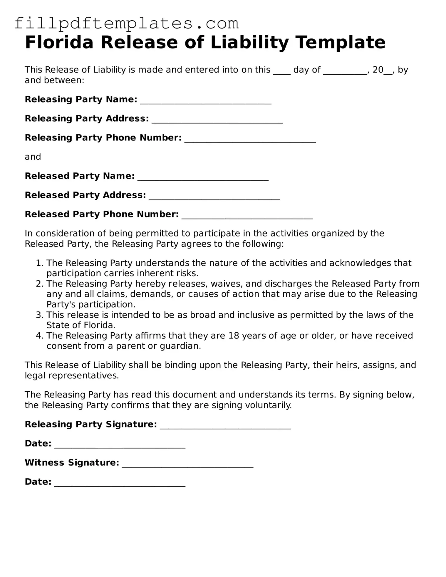 Blank Florida Release of Liability Form