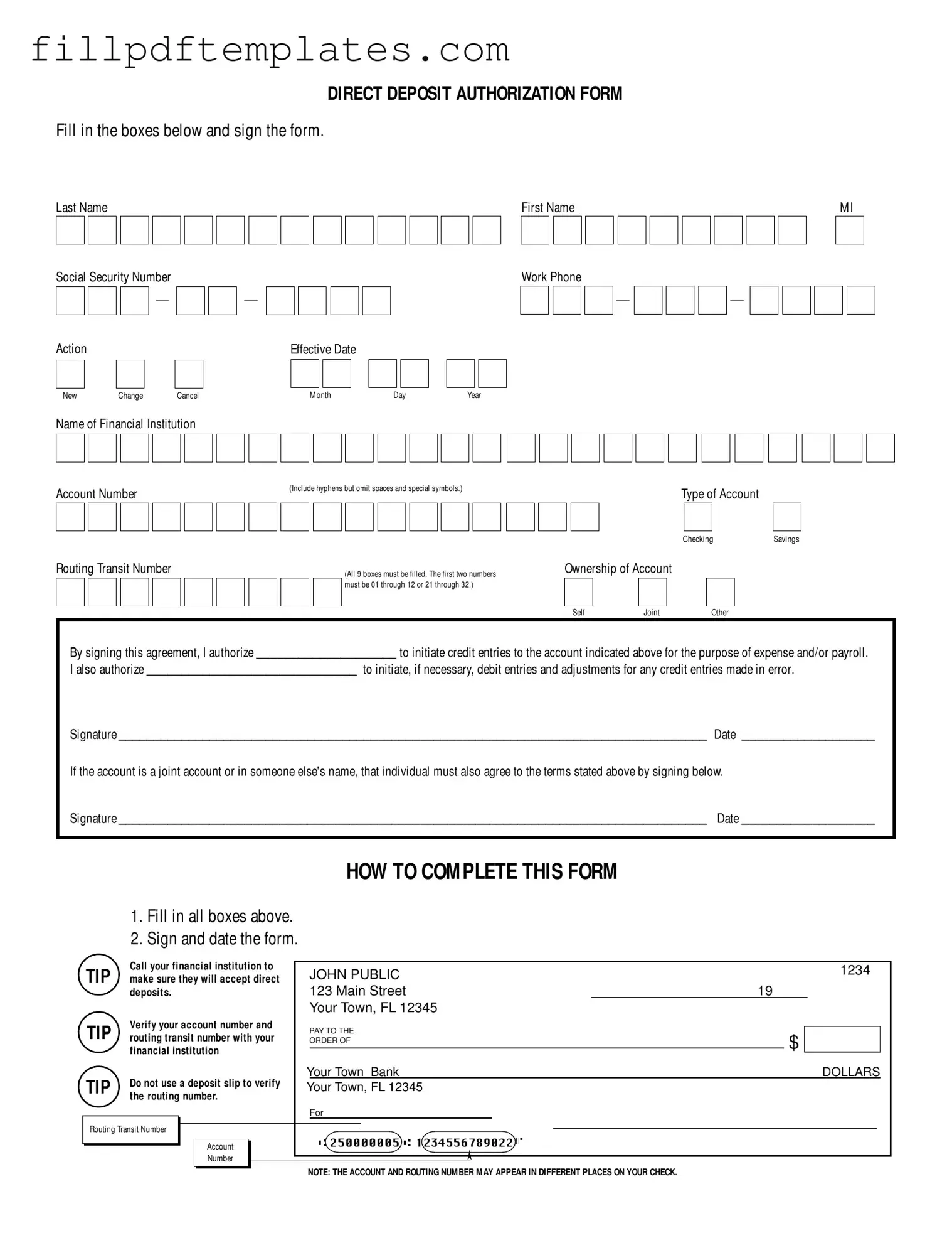 Fill a Valid Generic Direct Deposit Template
