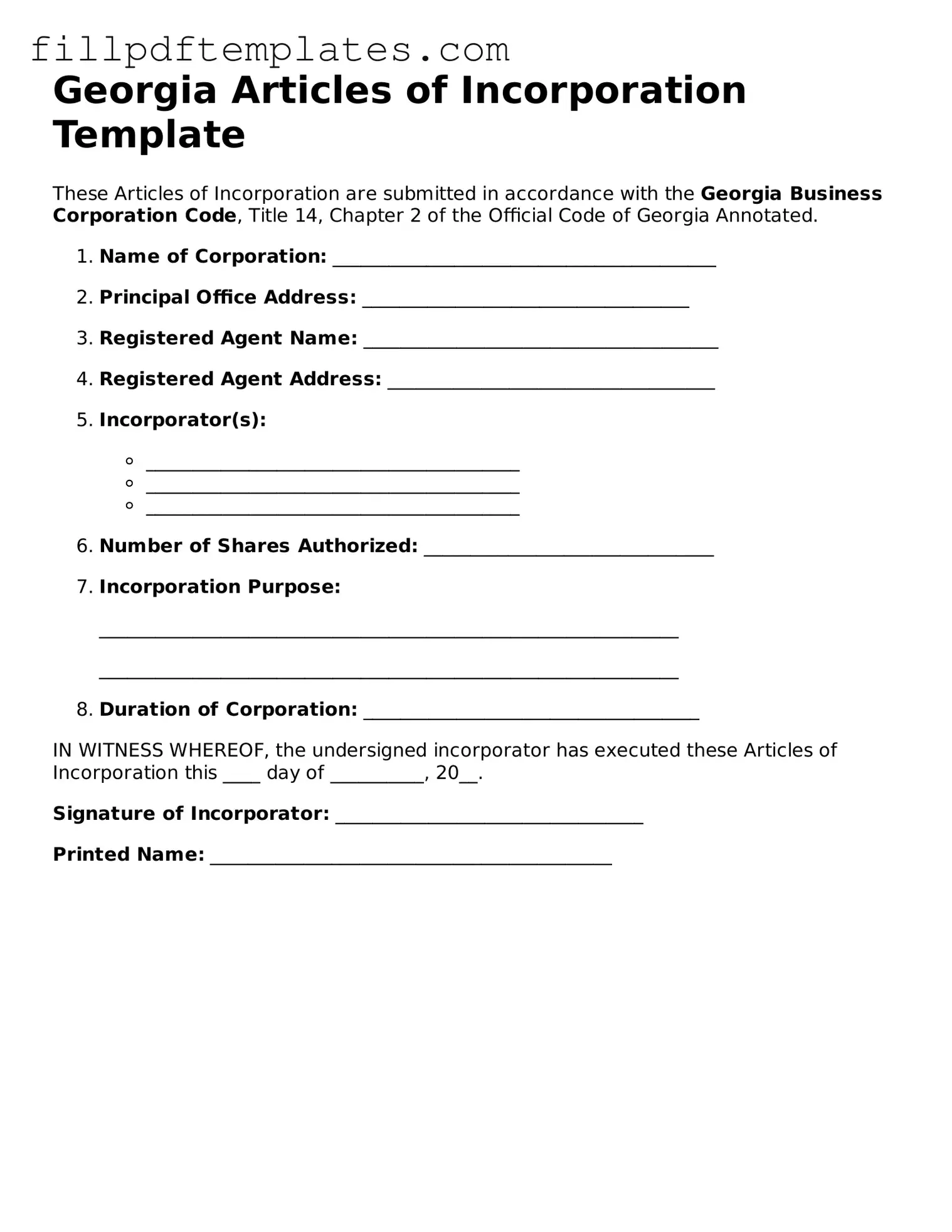 Blank Georgia Articles of Incorporation Form