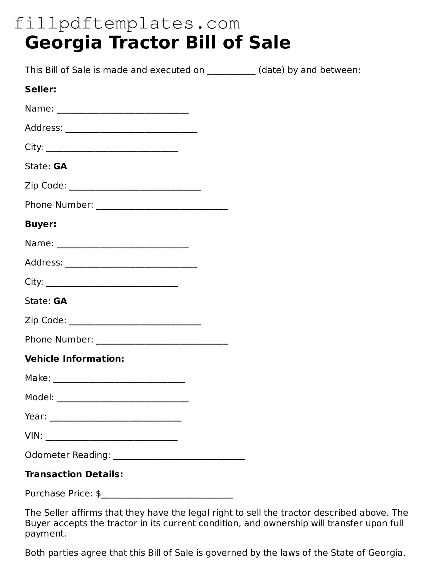 Blank Georgia Tractor Bill of Sale Form