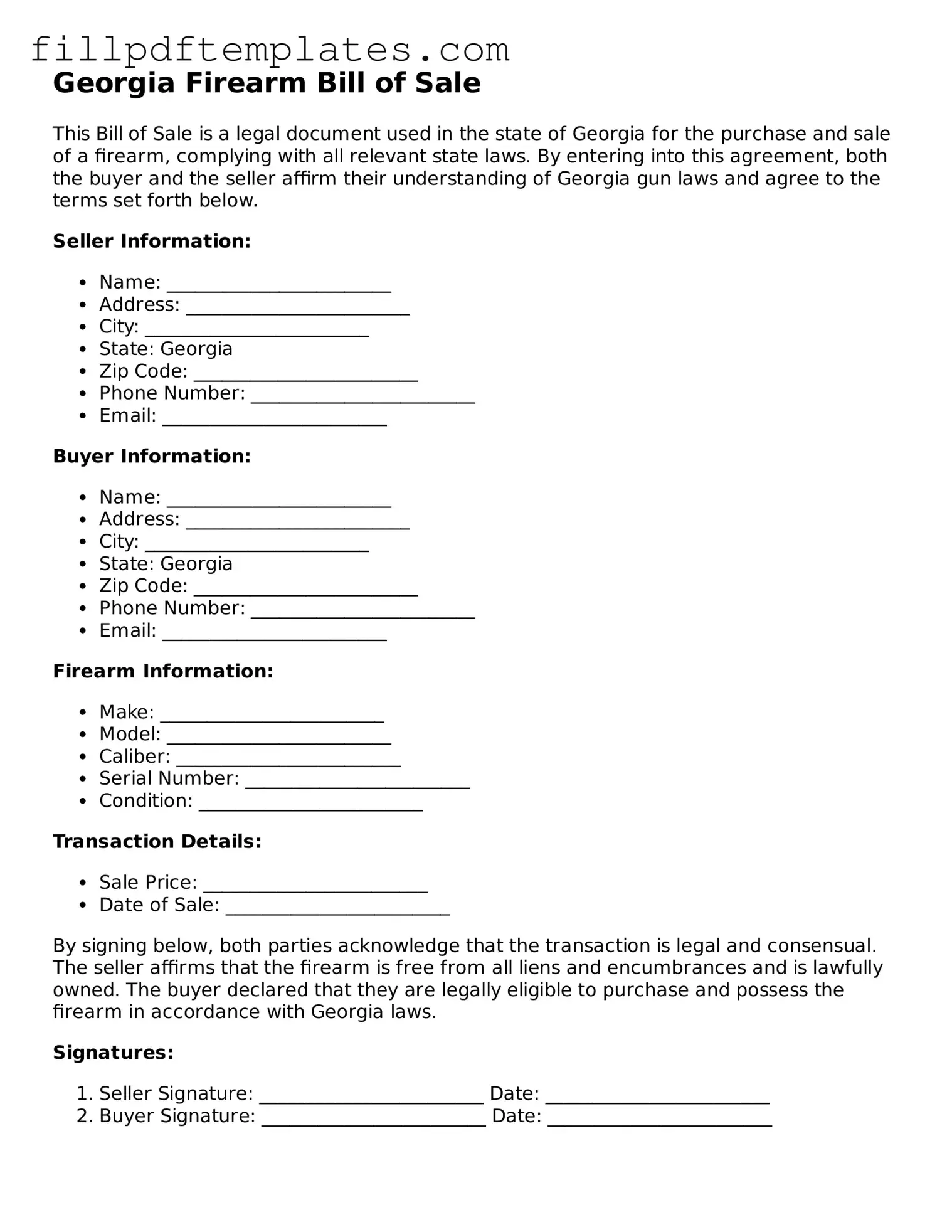 Blank Georgia Firearm Bill of Sale Form