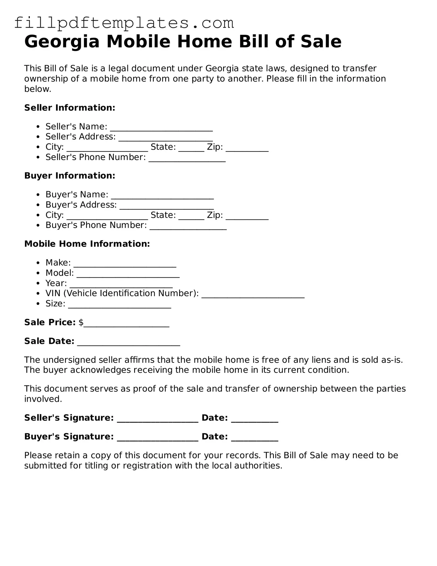 Blank Georgia Mobile Home Bill of Sale Form