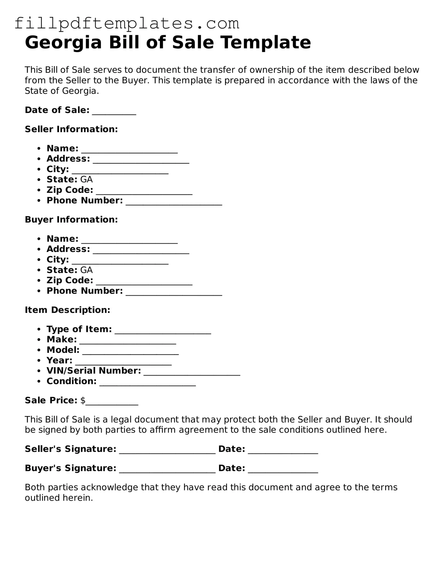 Blank Georgia Bill of Sale Form