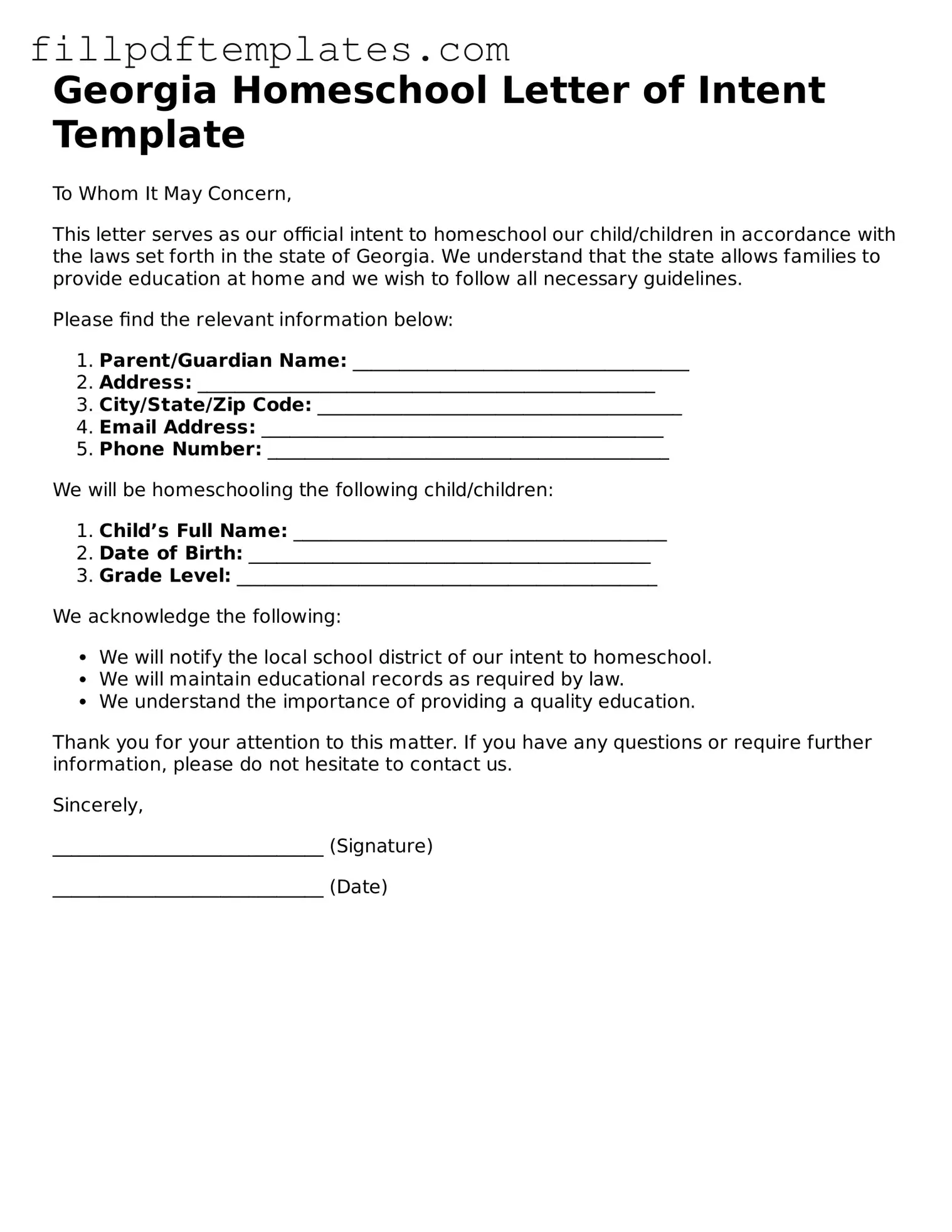 Blank Georgia Homeschool Letter of Intent Form