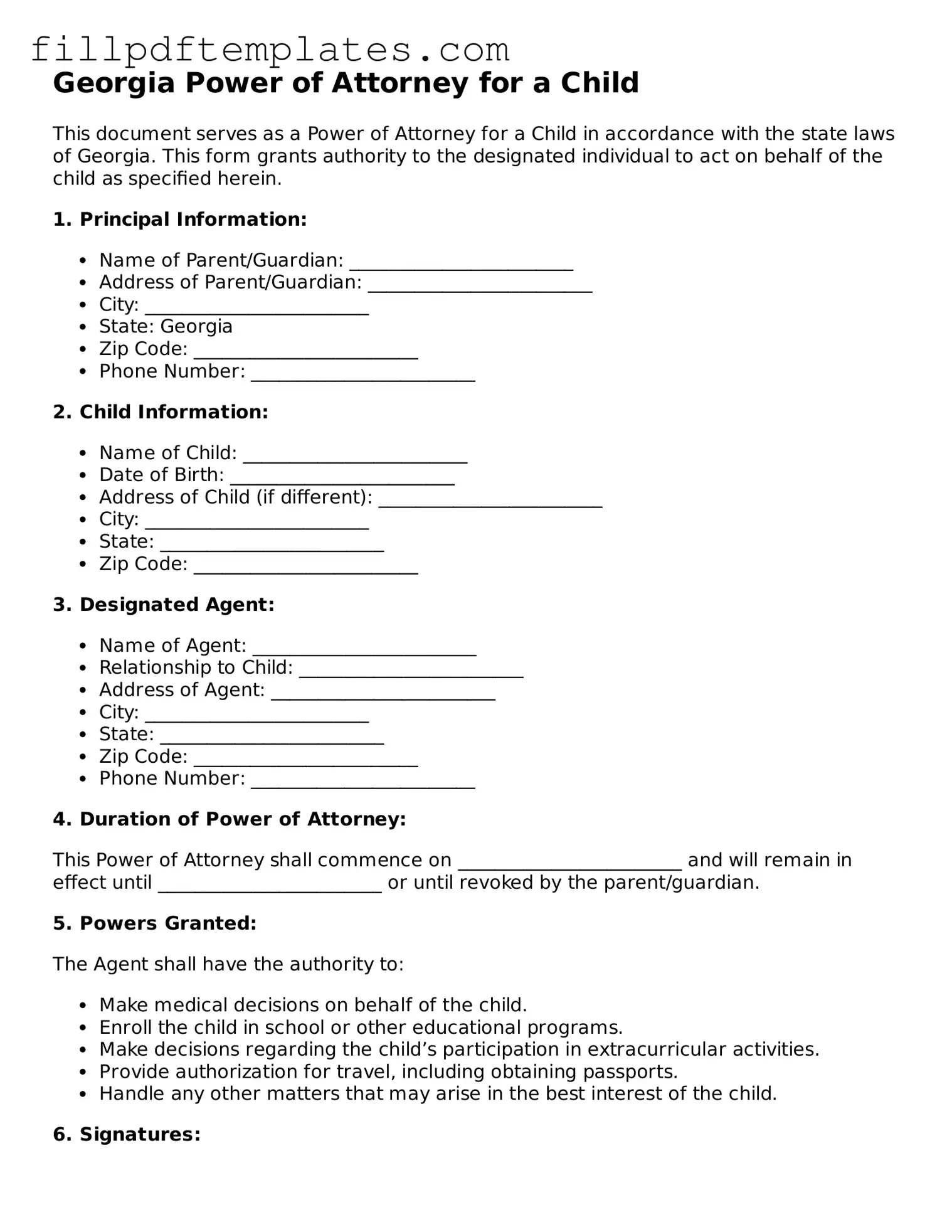 Blank Georgia Power of Attorney for a Child Form