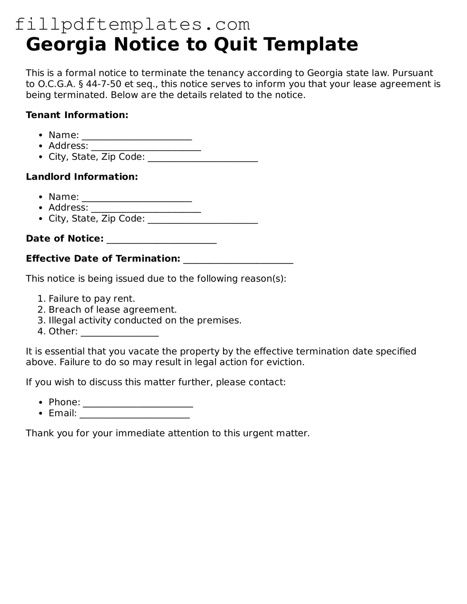 Blank Georgia Notice to Quit Form