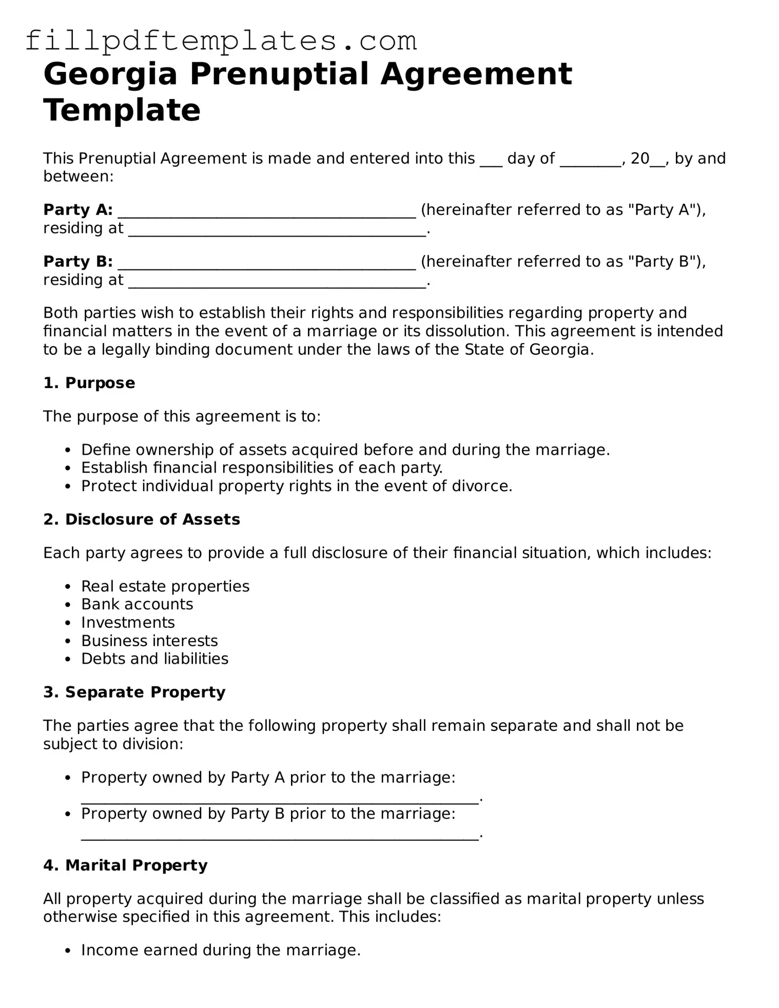 Blank Georgia Prenuptial Agreement Form