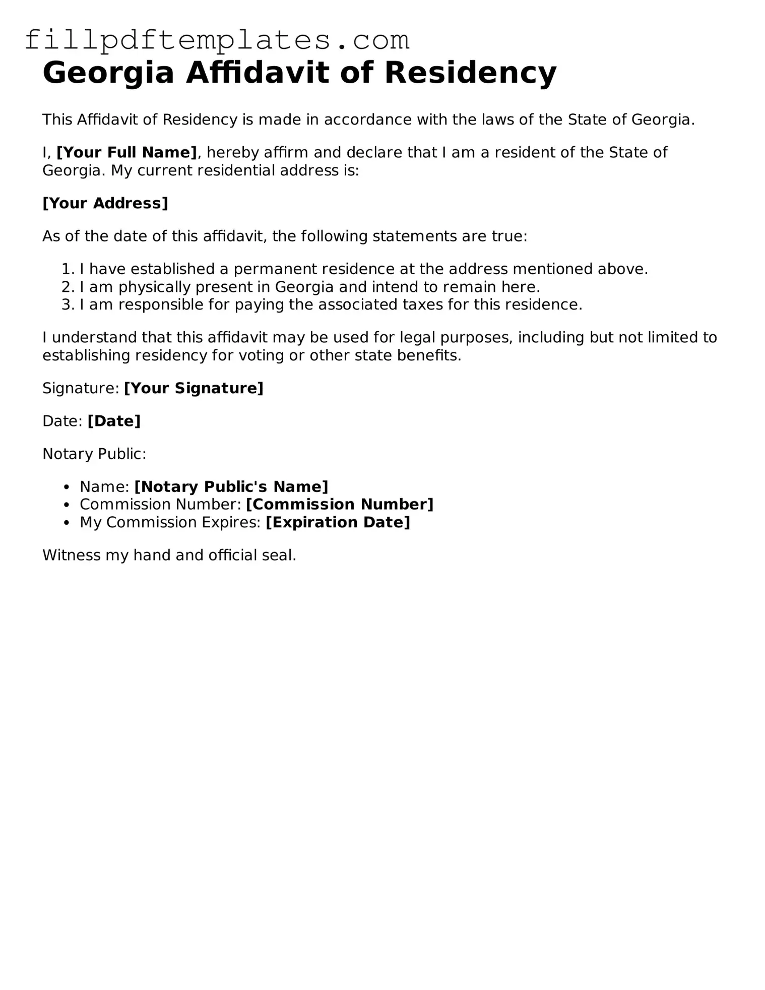 Blank Georgia Affidavit of Residency Form