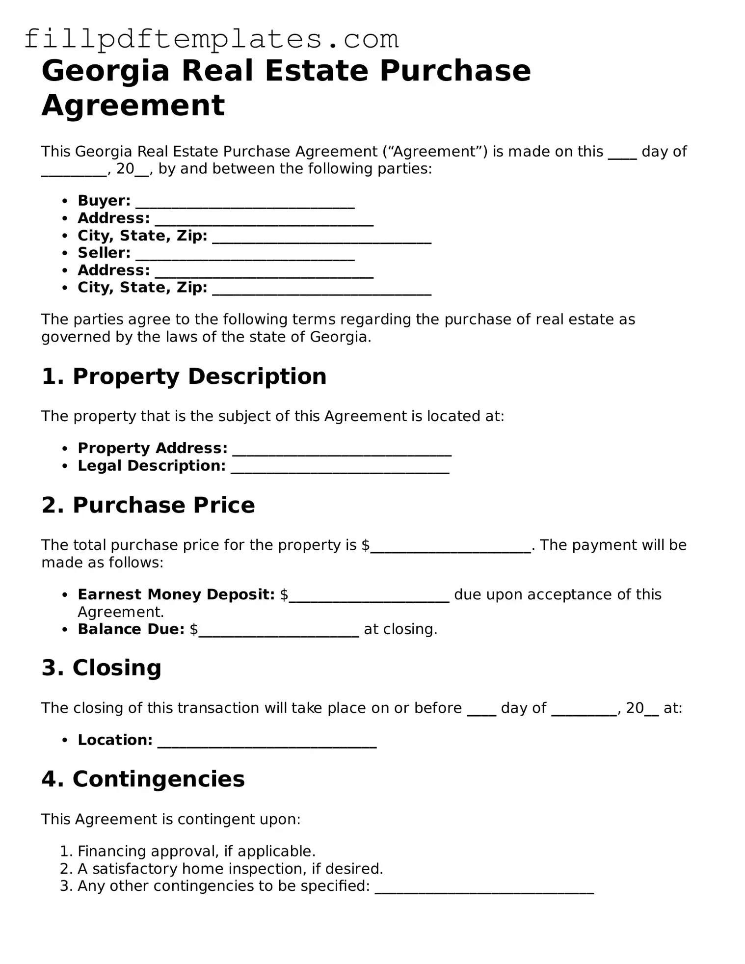 Blank Georgia Real Estate Purchase Agreement Form