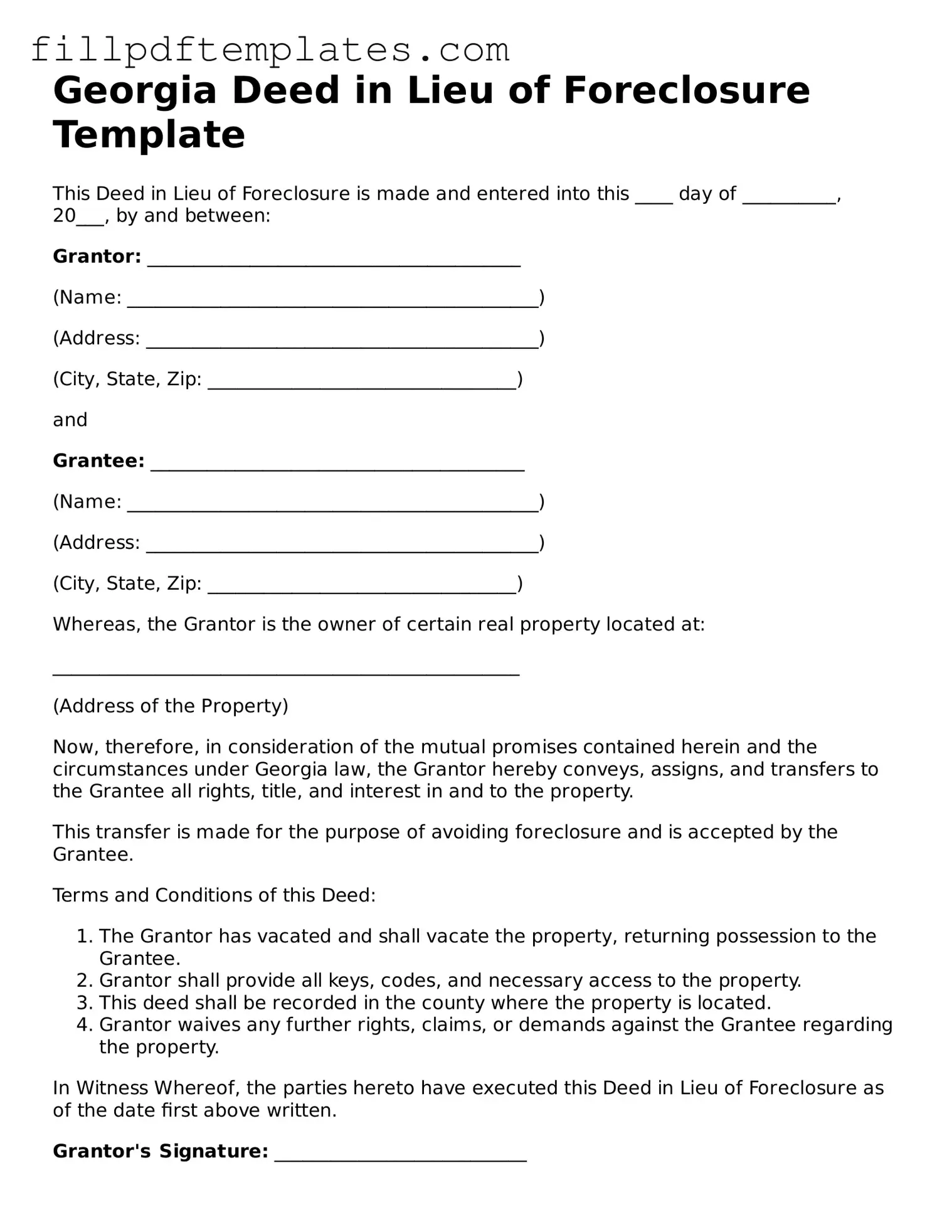 Blank Georgia Deed in Lieu of Foreclosure Form