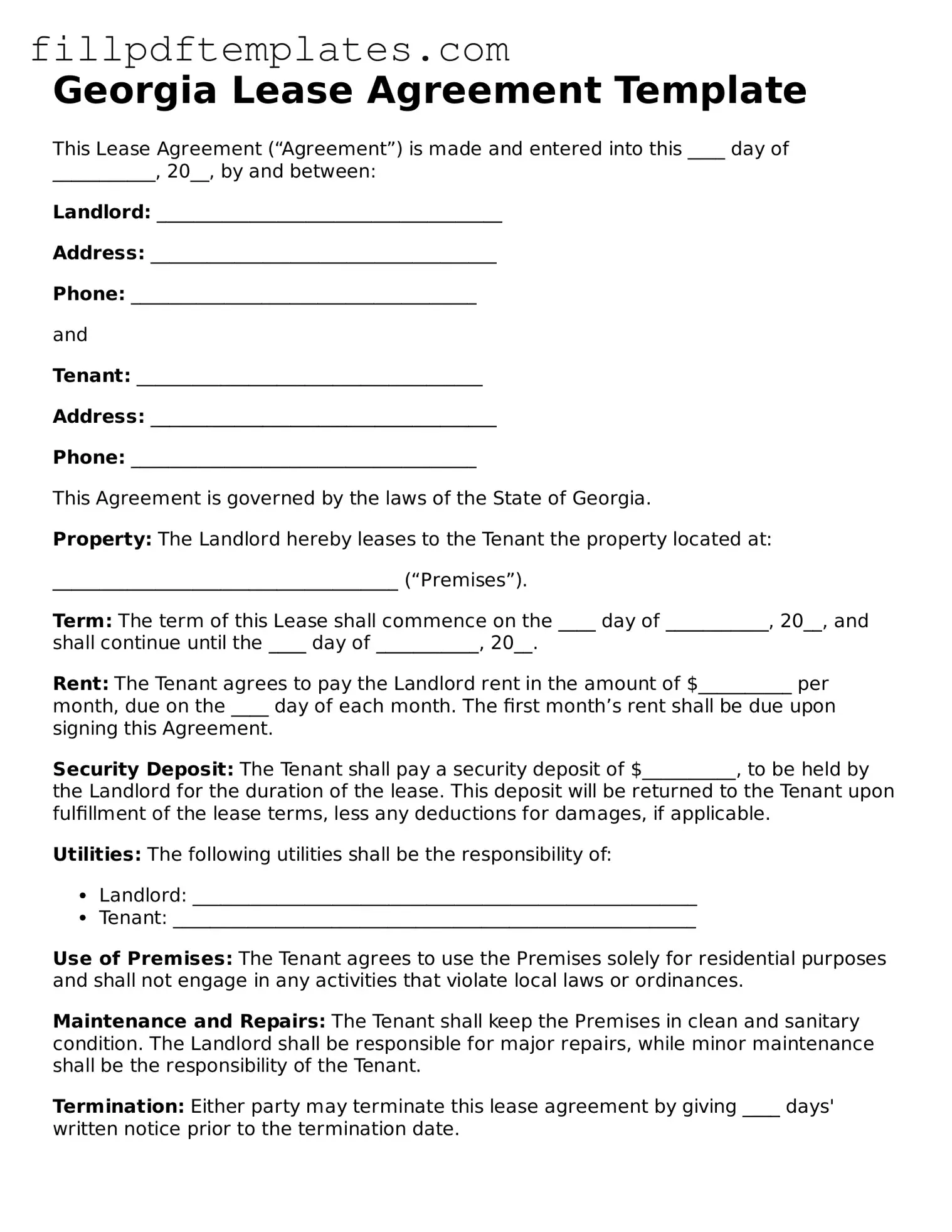 Blank Georgia Lease Agreement Form