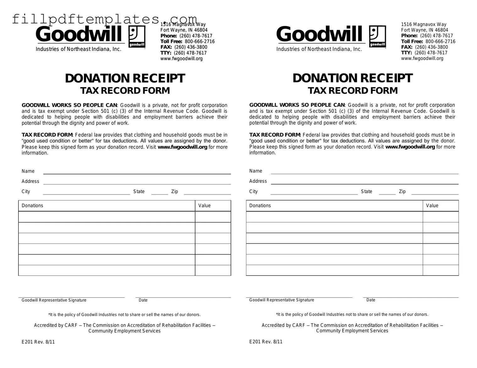 Fill a Valid Goodwill donation receipt Template