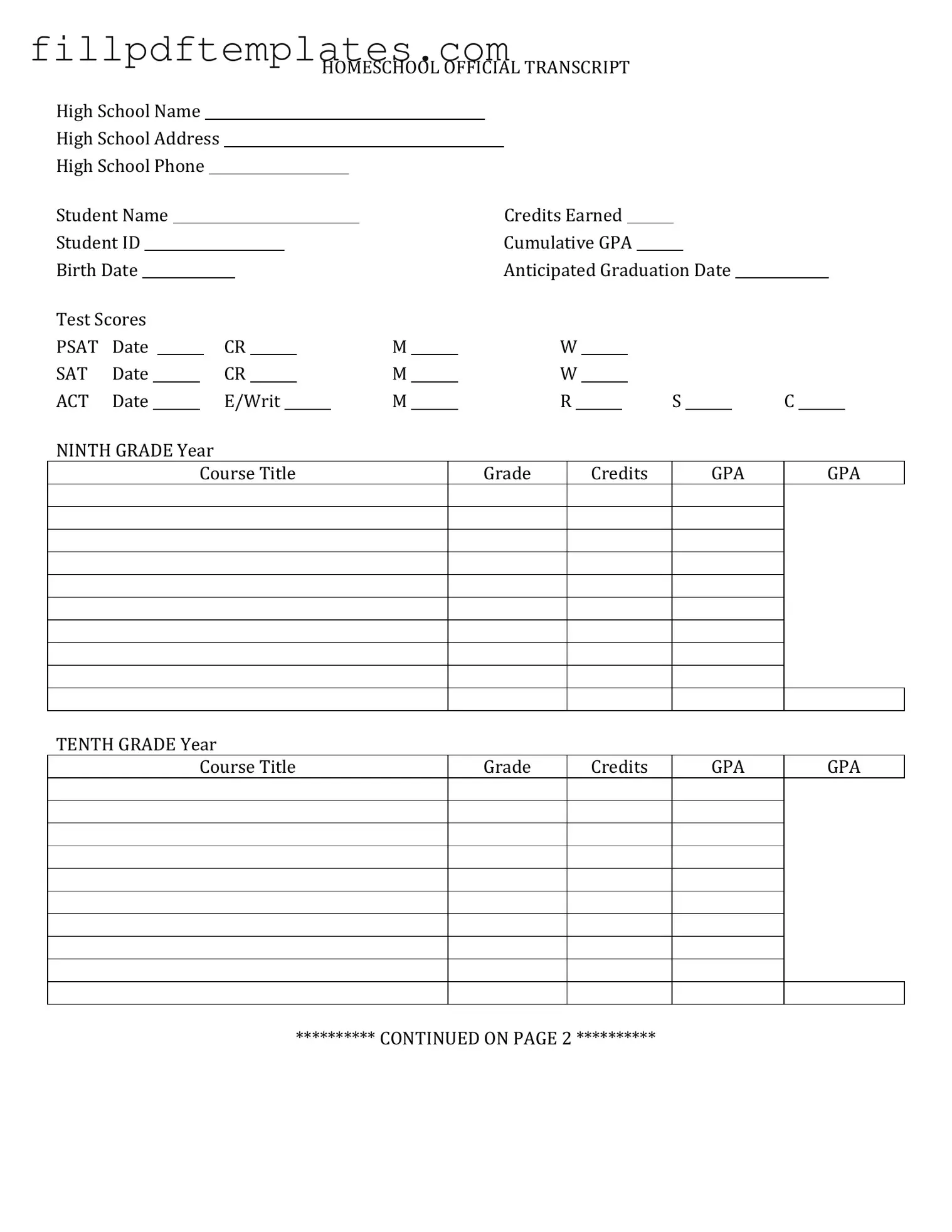 Fill a Valid High School Transcript Template