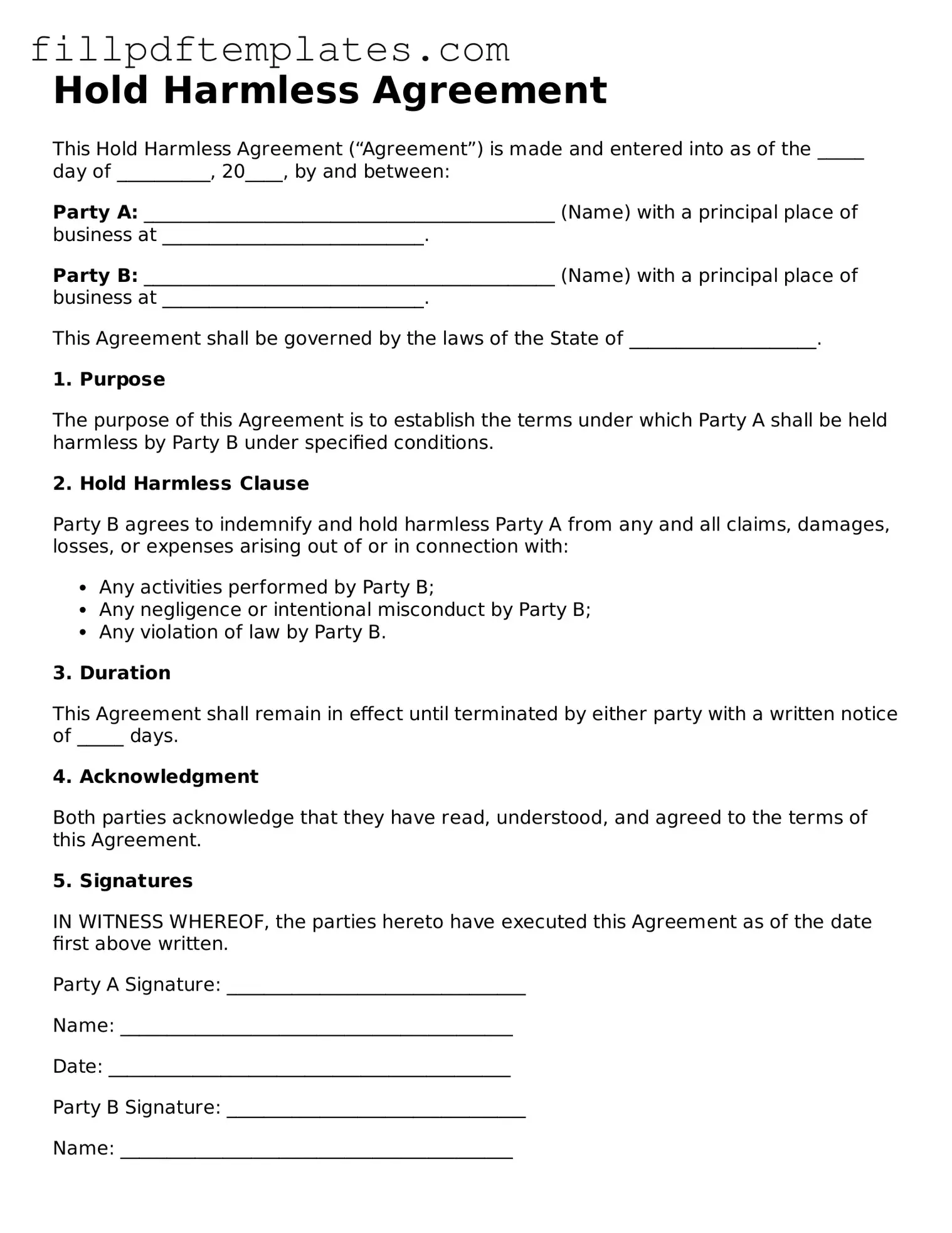 Valid Hold Harmless Agreement Form