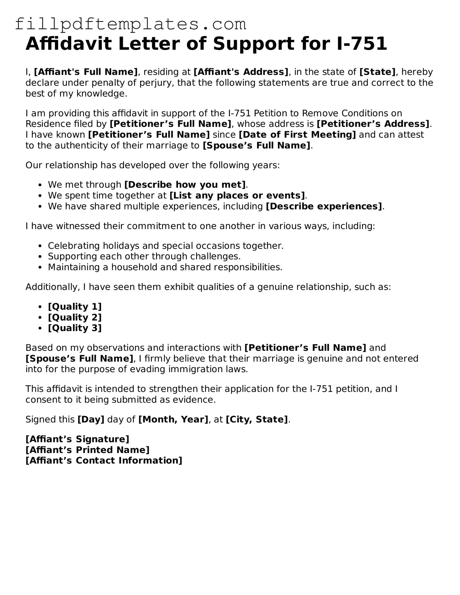 Valid Affidavit Letter of Support for I-751 Form