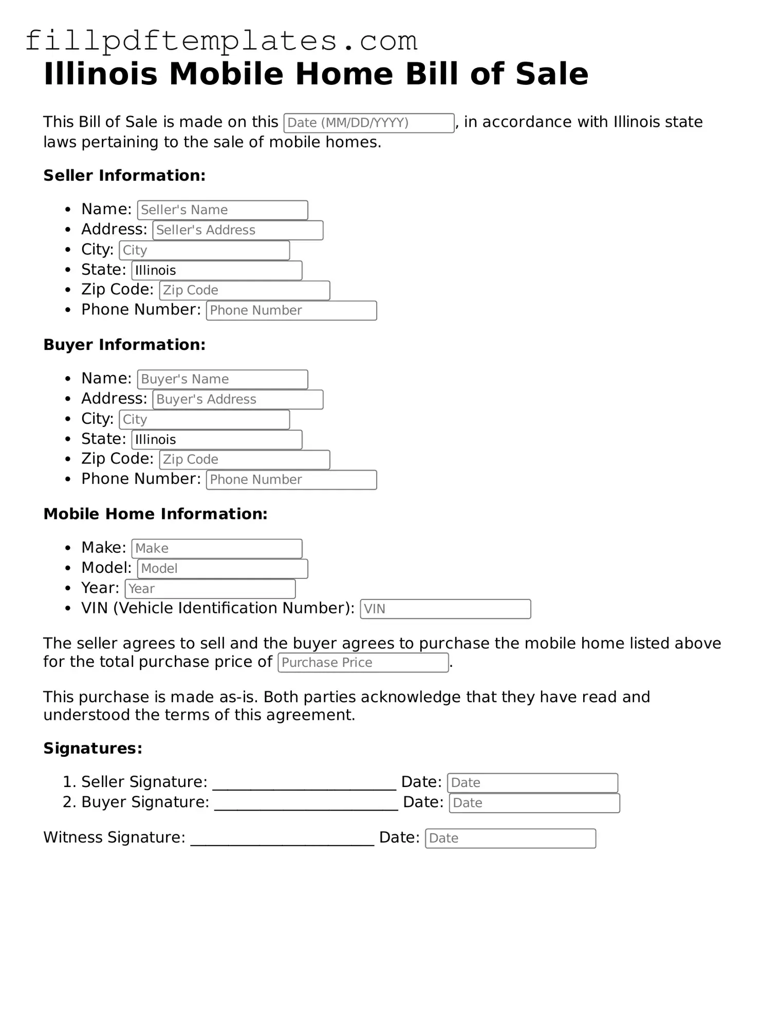 Blank Illinois Mobile Home Bill of Sale Form