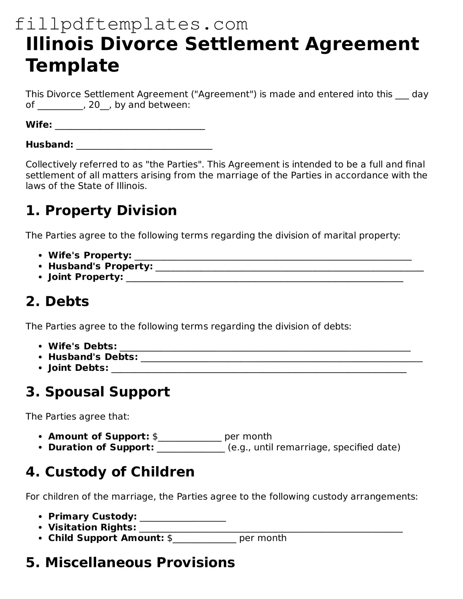 Blank Illinois Divorce Settlement Agreement Form
