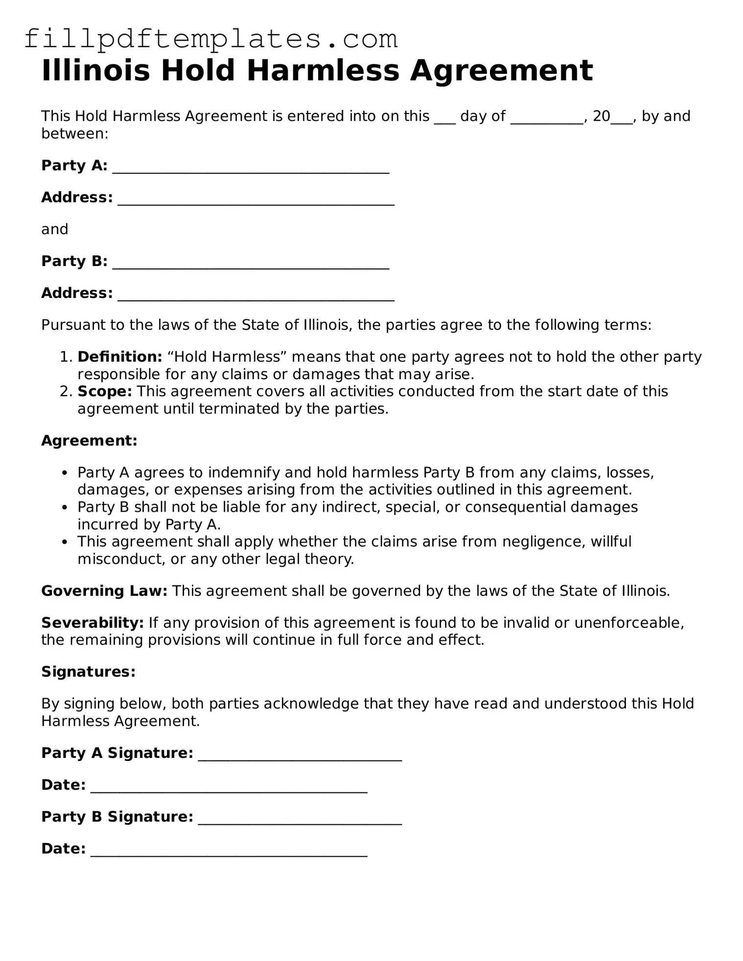 Blank Illinois Hold Harmless Agreement Form