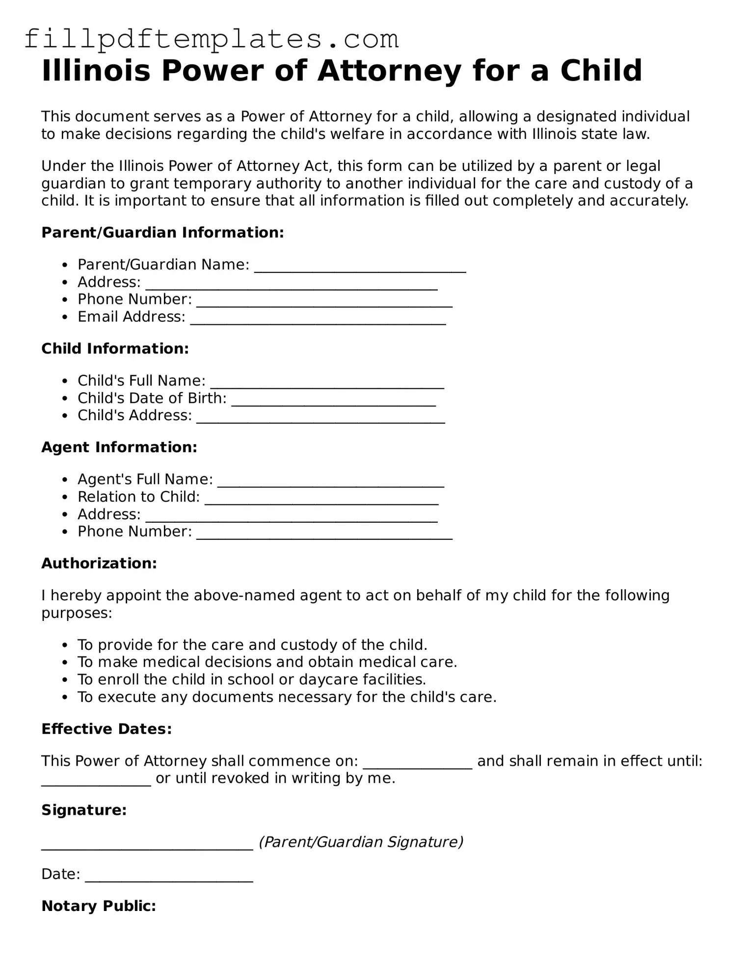 Blank Illinois Power of Attorney for a Child Form