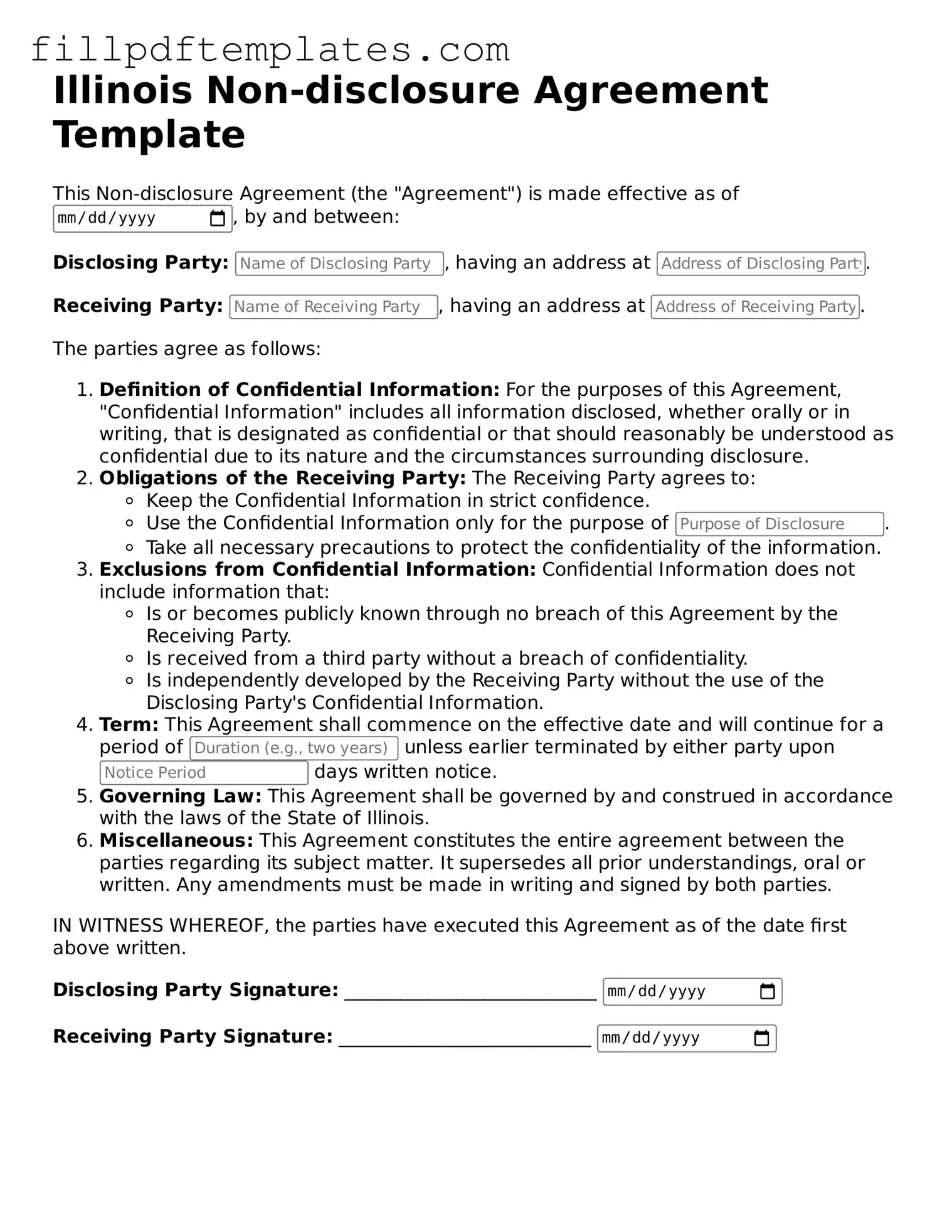 Blank Illinois Non-disclosure Agreement Form