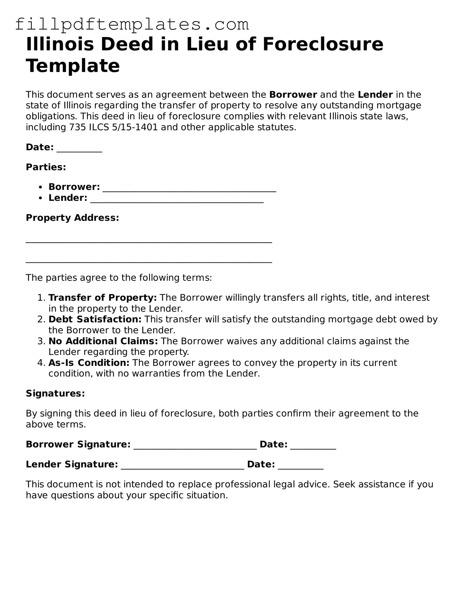 Blank Illinois Deed in Lieu of Foreclosure Form