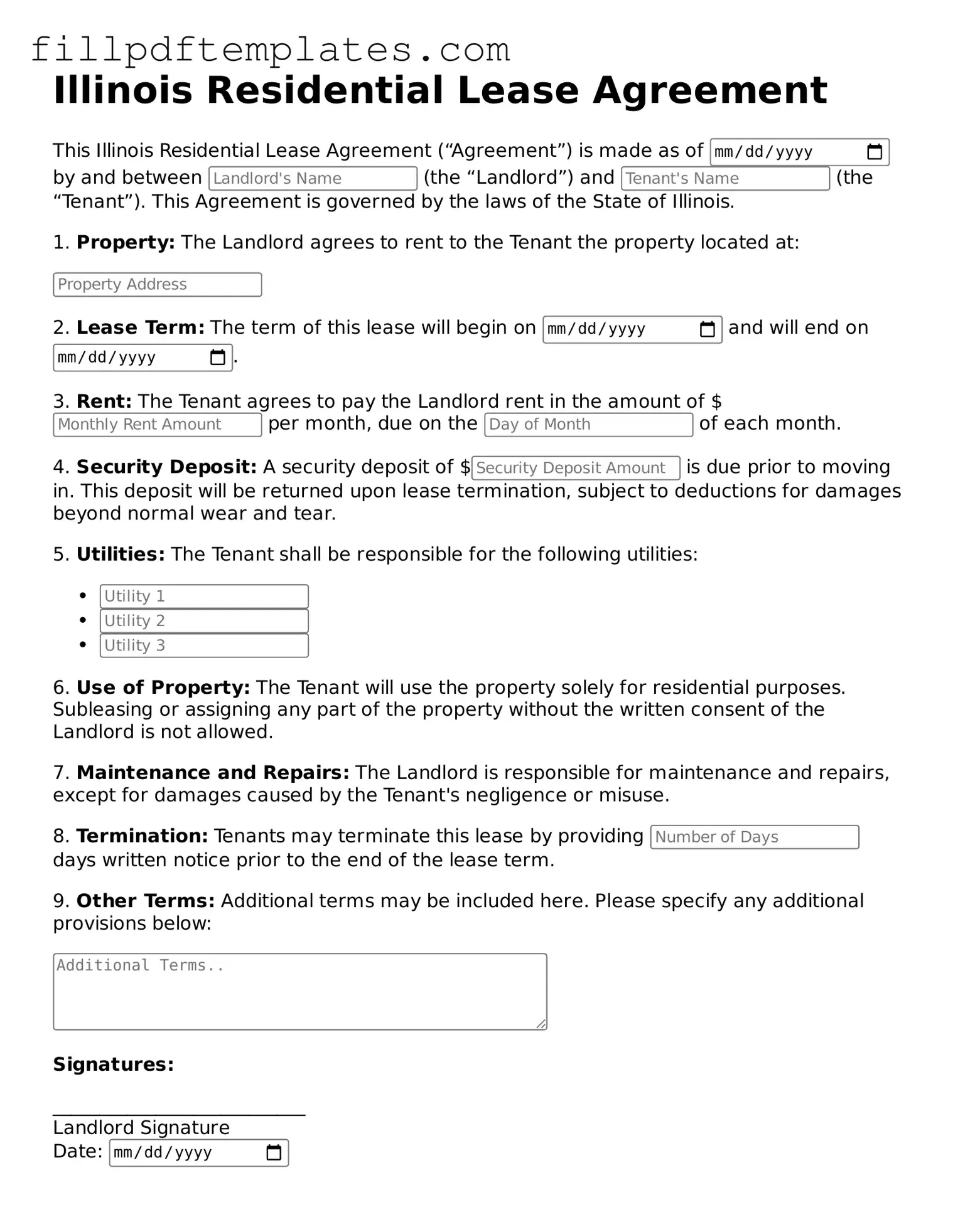 Blank Illinois Residential Lease Agreement Form