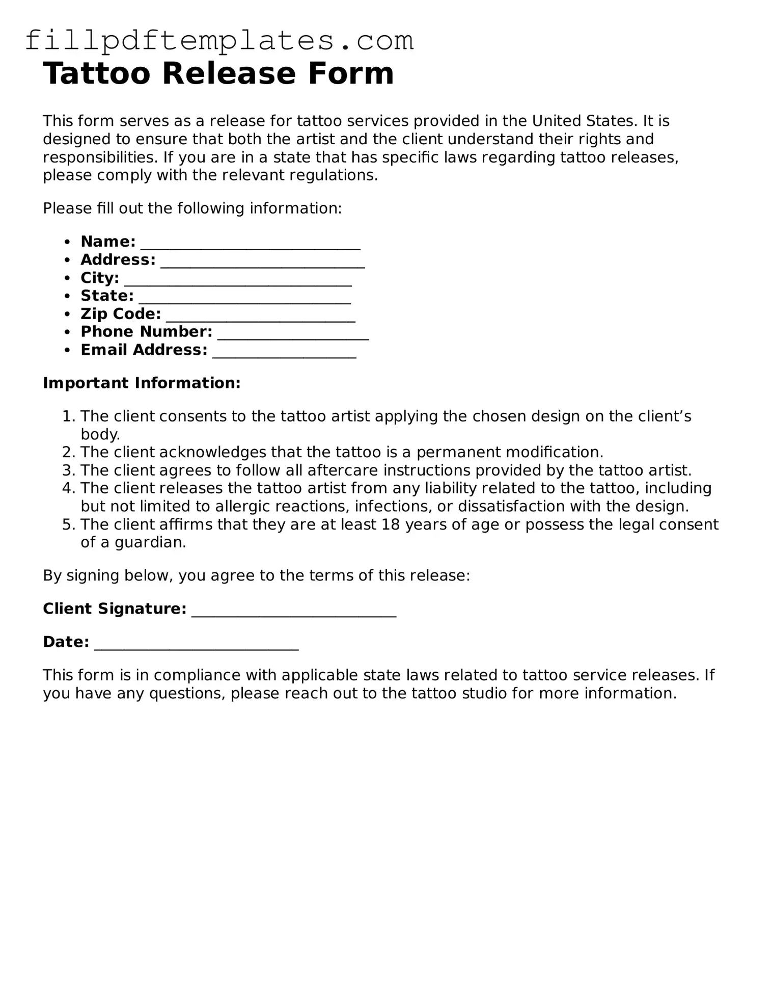 Valid Tattoo Release Form