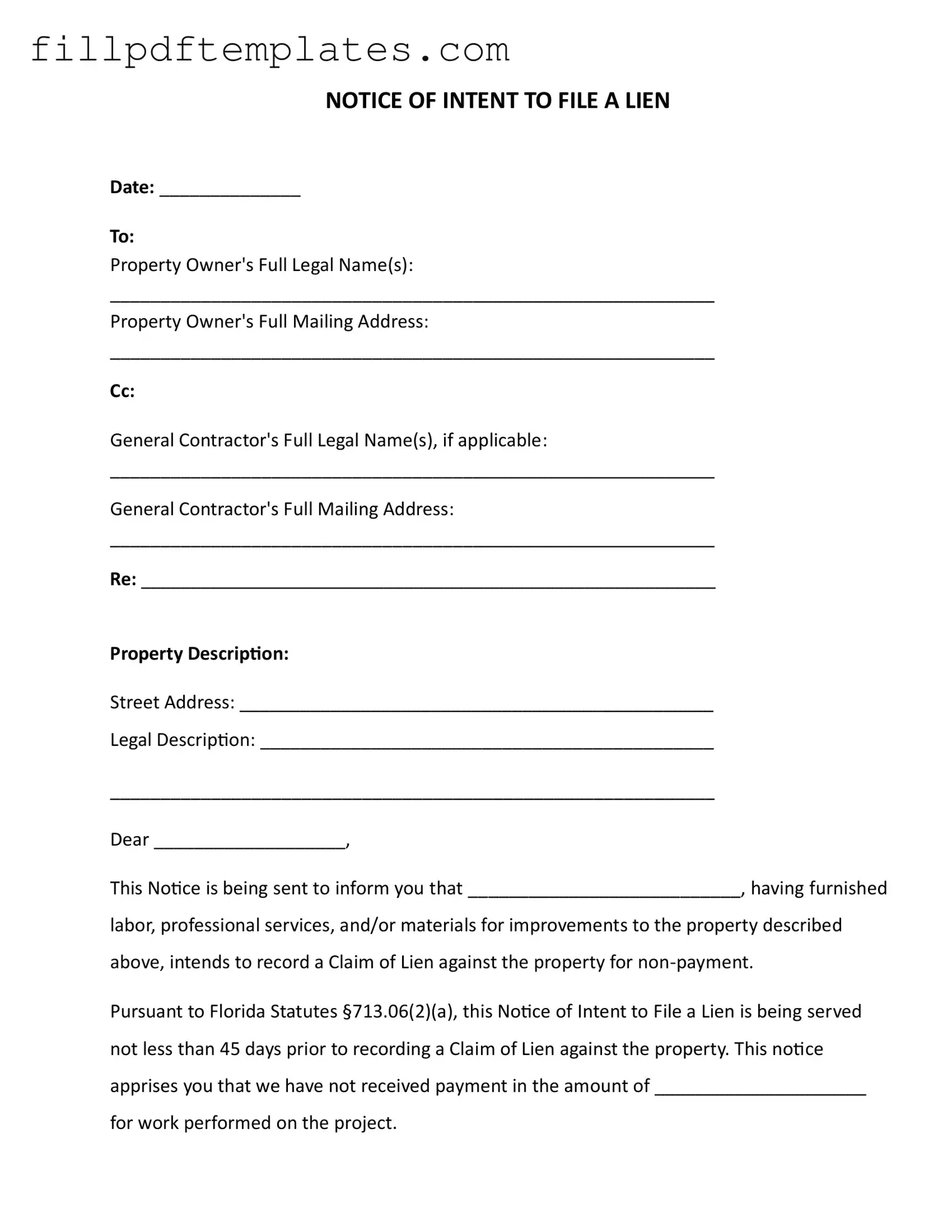 Fill a Valid Intent To Lien Florida Template
