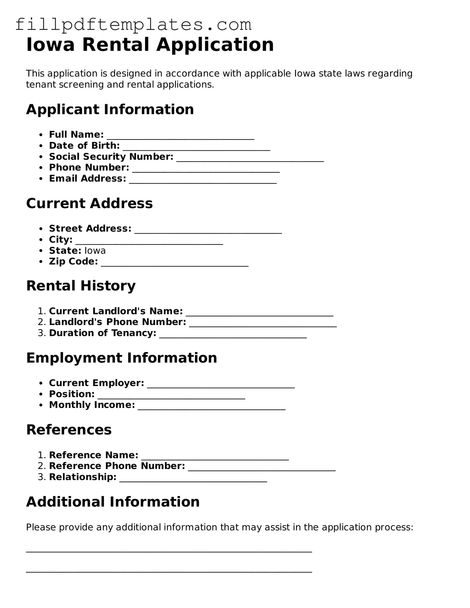 Blank Iowa Rental Application Form