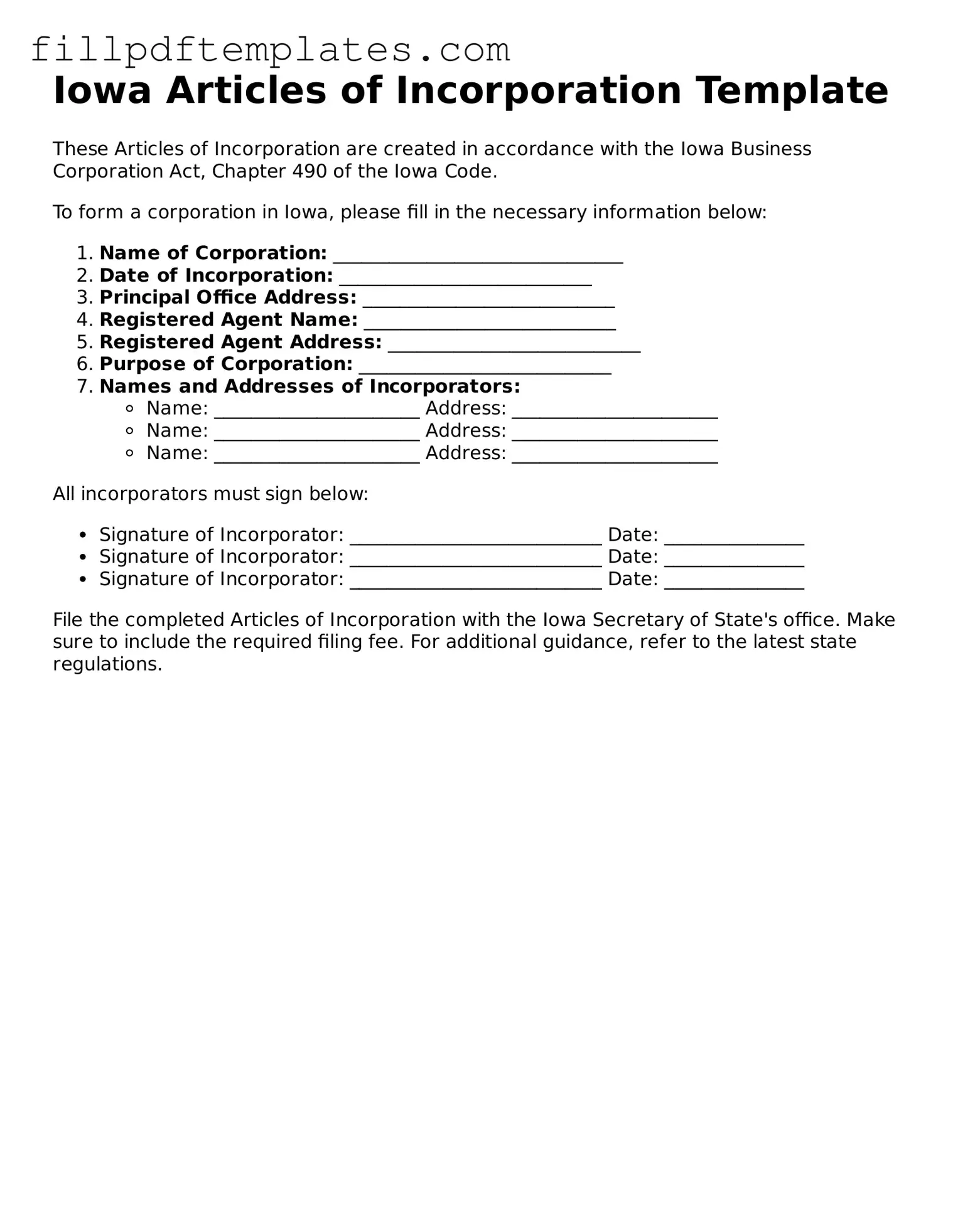 Blank Iowa Articles of Incorporation Form
