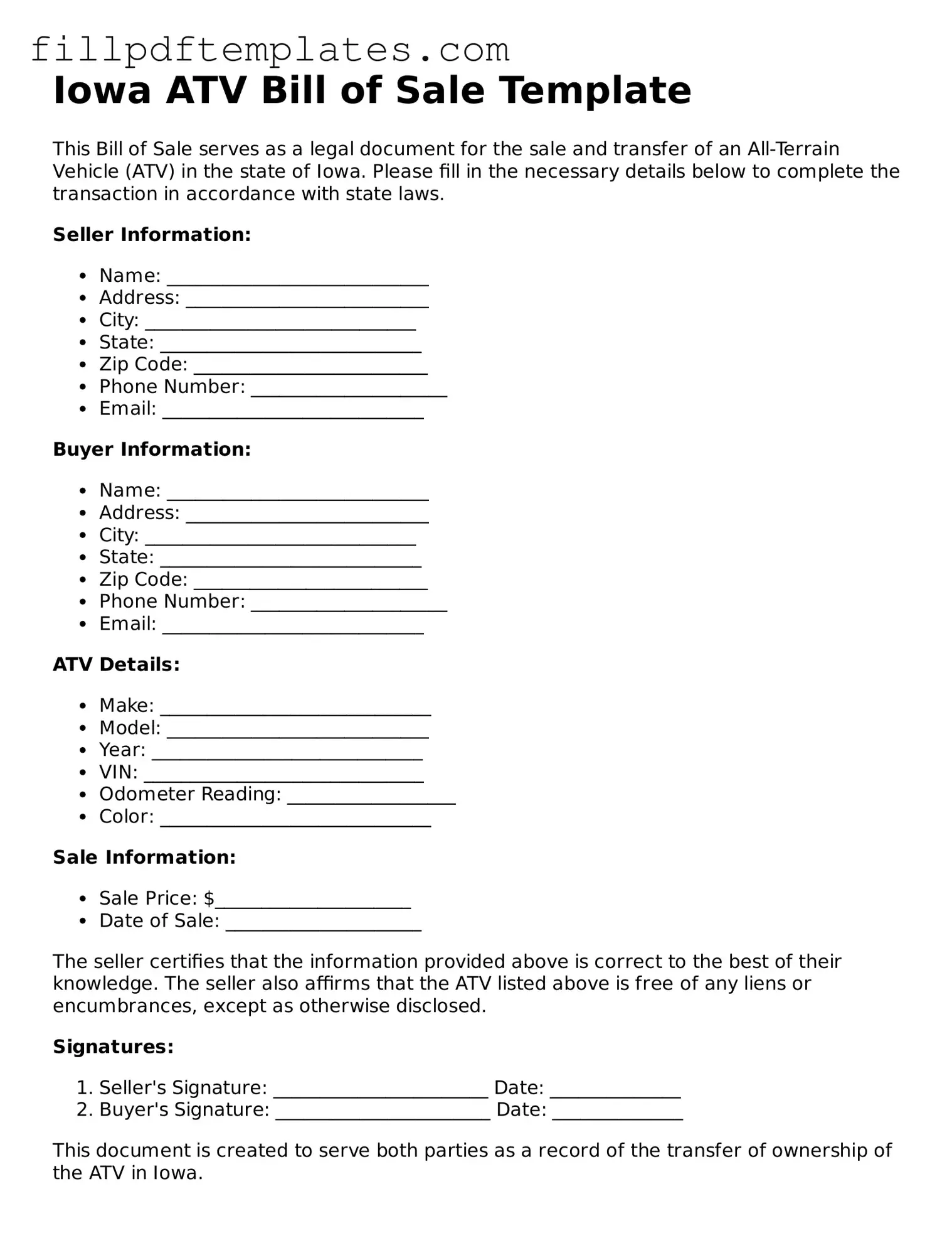 Blank Iowa ATV Bill of Sale Form