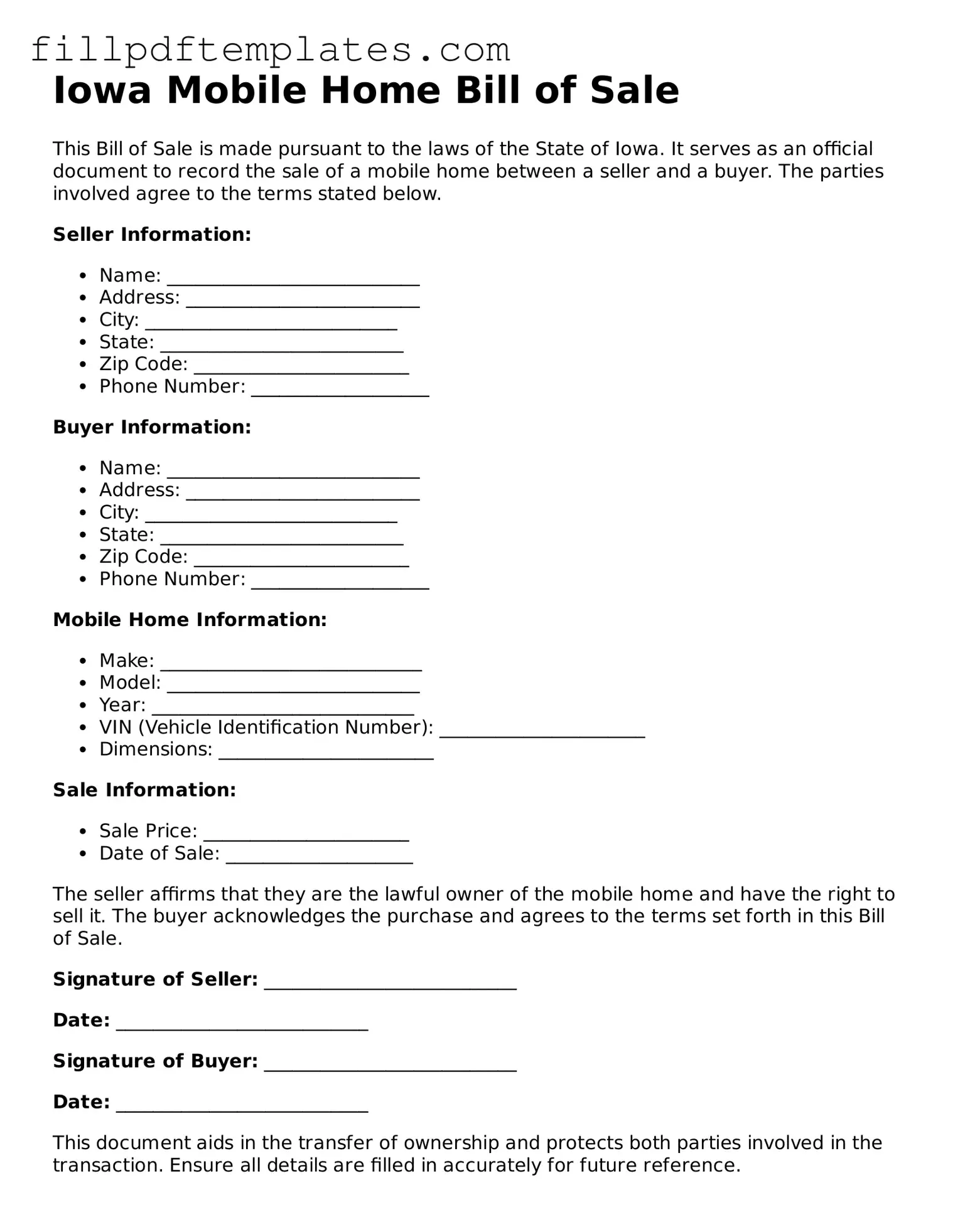 Blank Iowa Mobile Home Bill of Sale Form