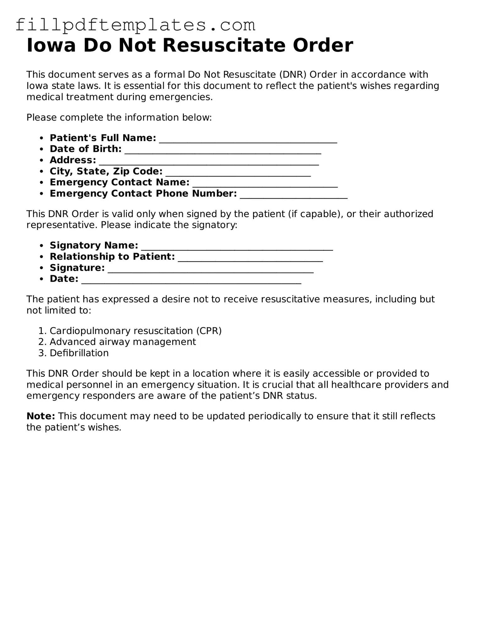 Blank Iowa Do Not Resuscitate Order Form