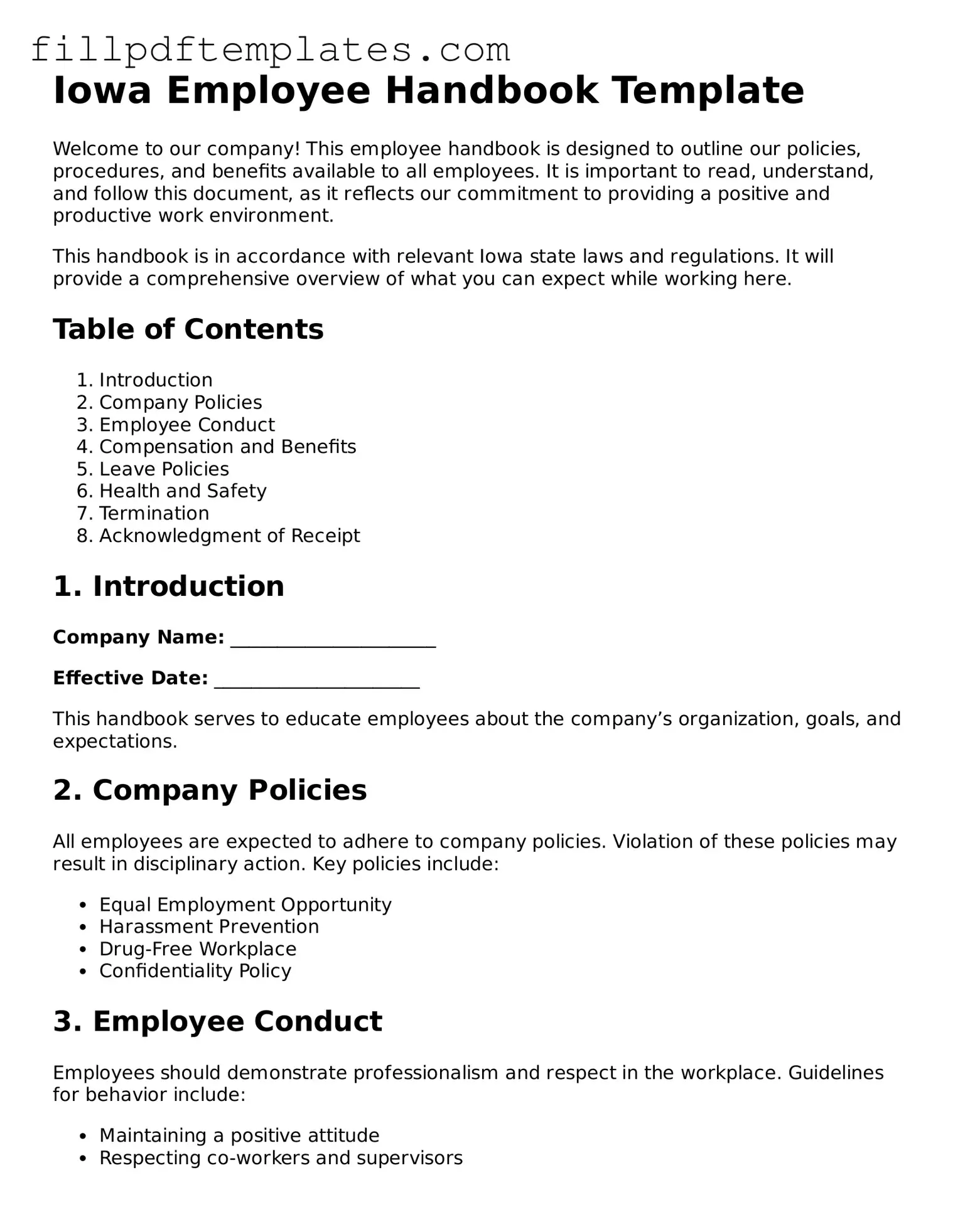 Blank Iowa Employee Handbook Form