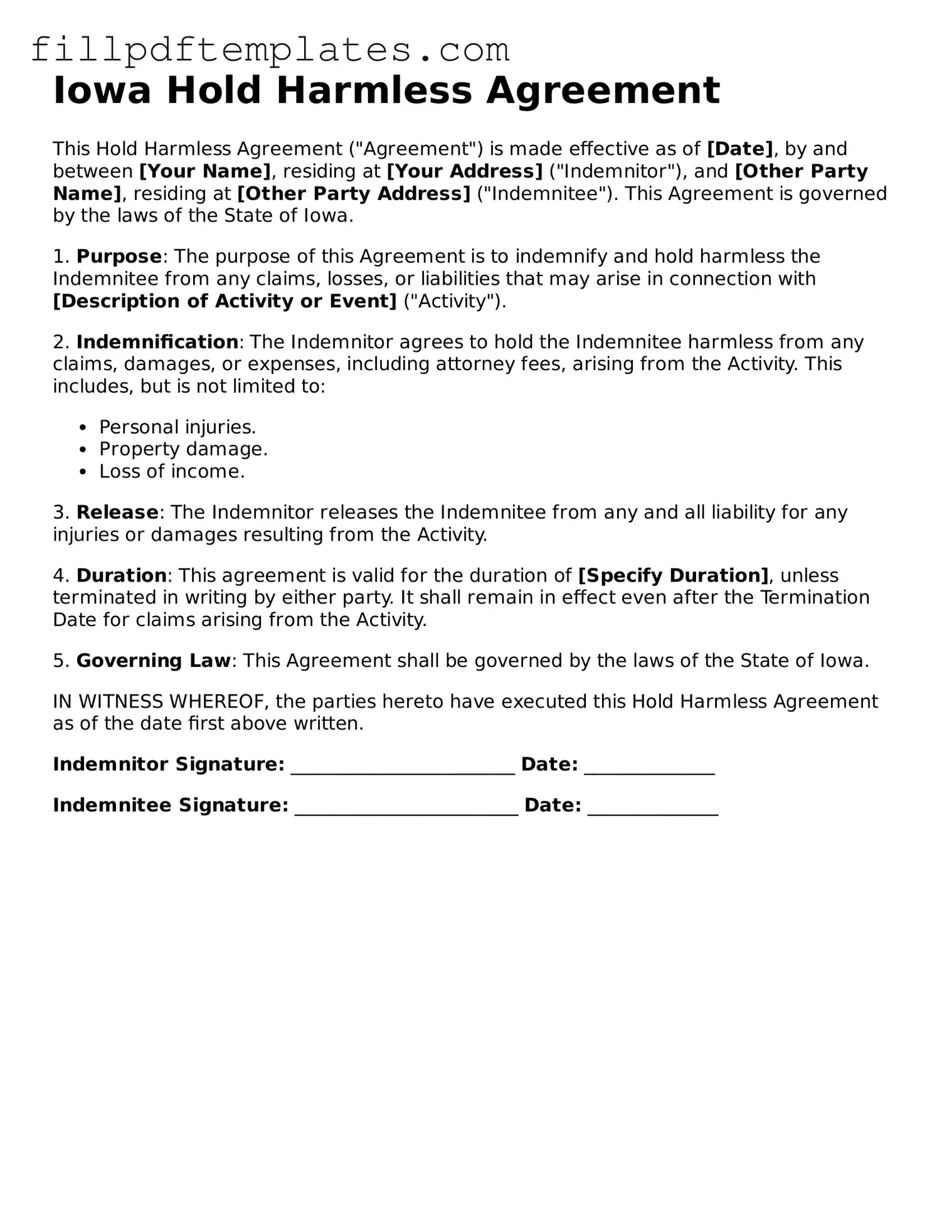 Blank Iowa Hold Harmless Agreement Form