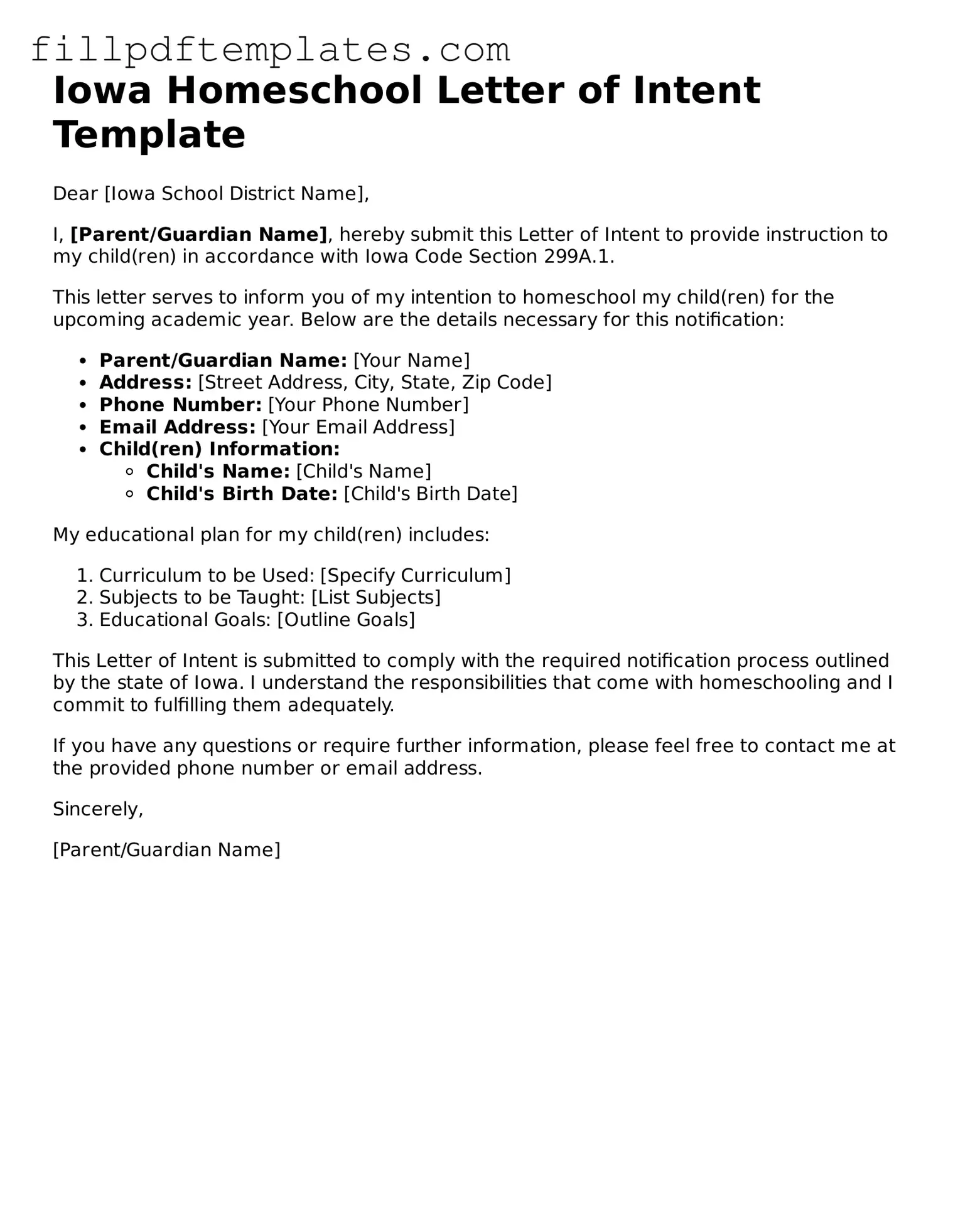 Blank Iowa Homeschool Letter of Intent Form