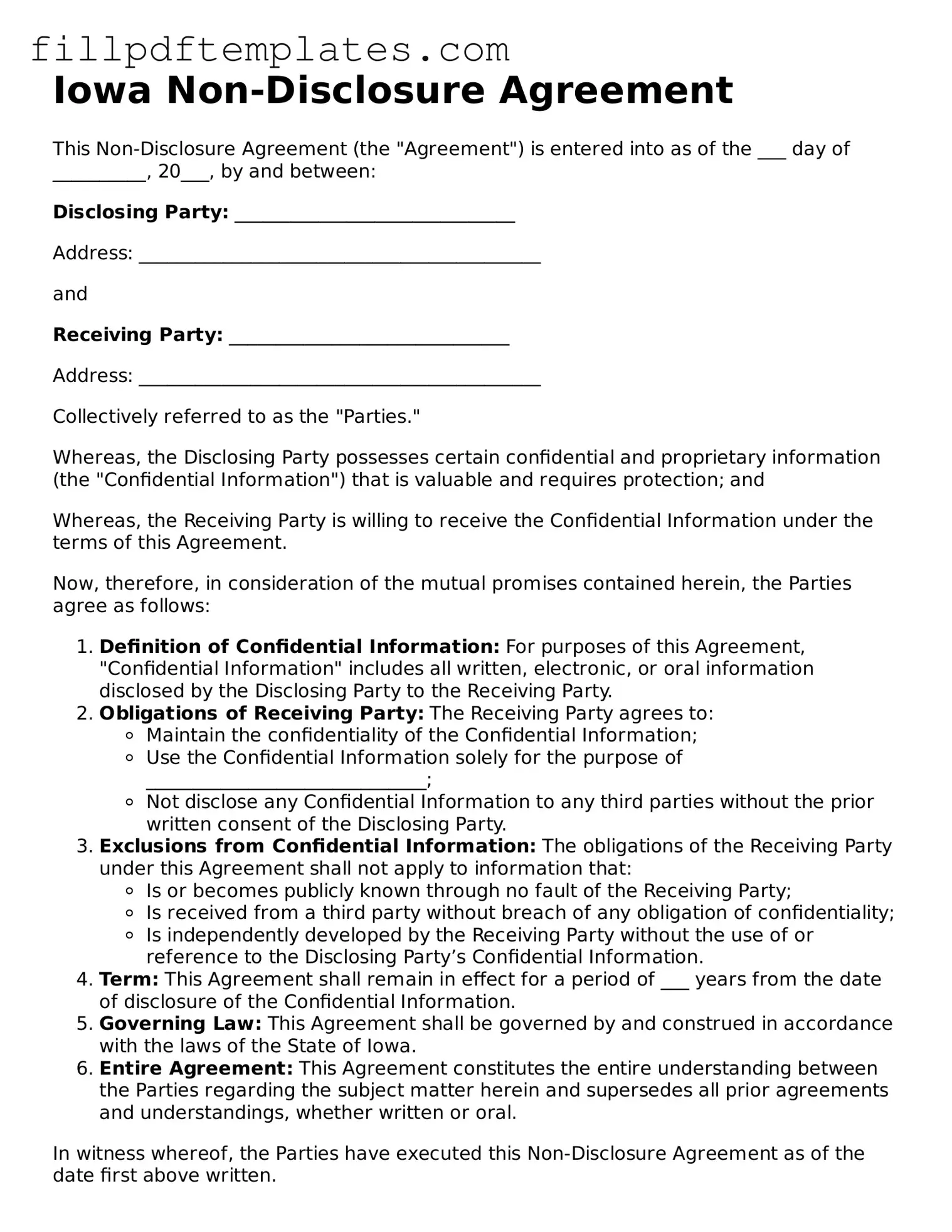 Blank Iowa Non-disclosure Agreement Form