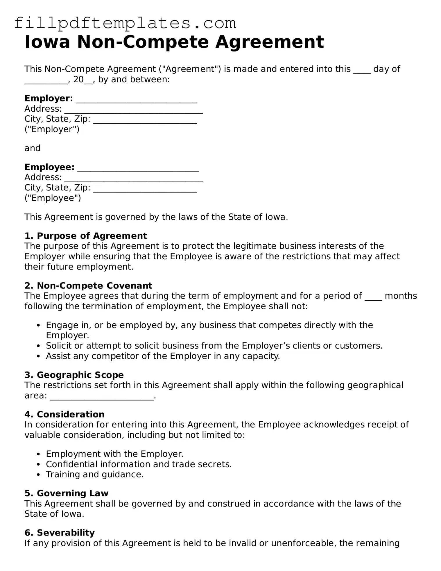 Blank Iowa Non-compete Agreement Form