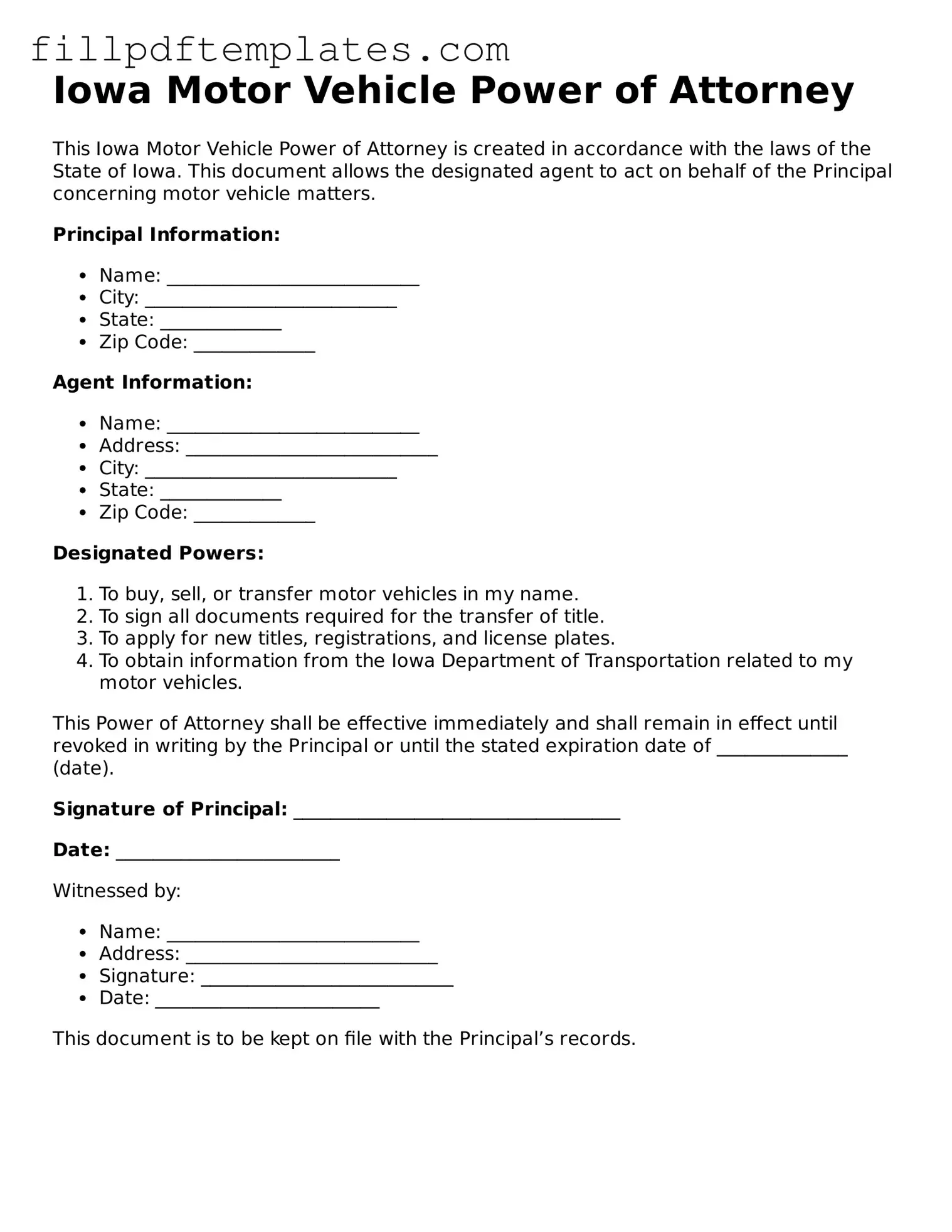 Blank Iowa Motor Vehicle Power of Attorney Form