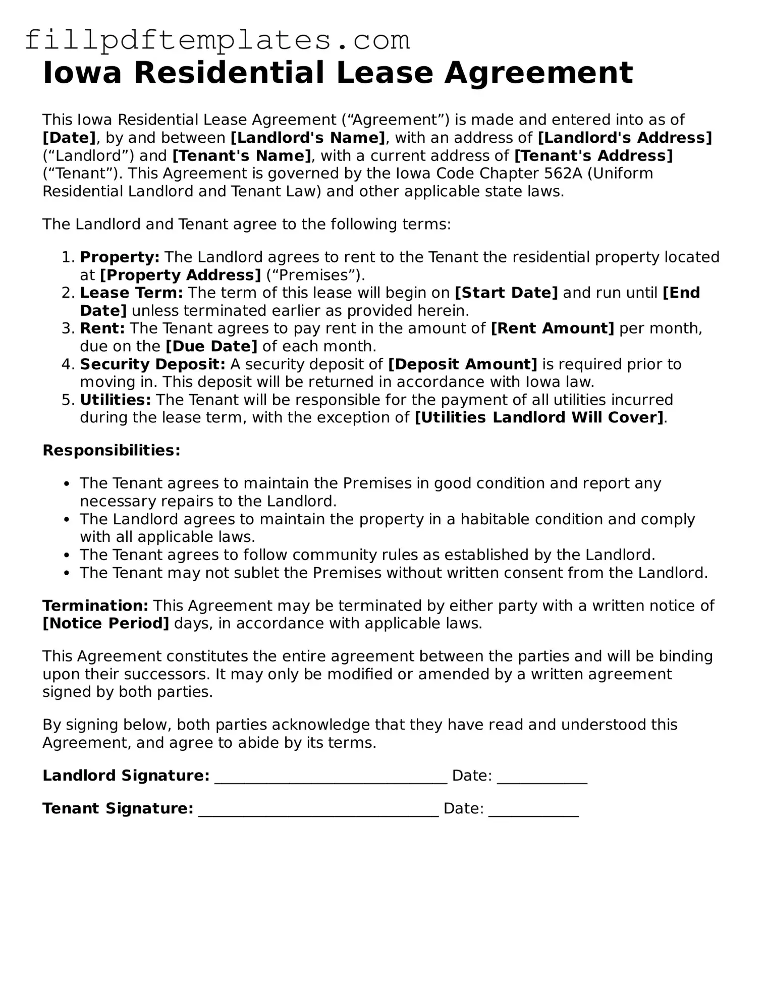 Blank Iowa Residential Lease Agreement Form