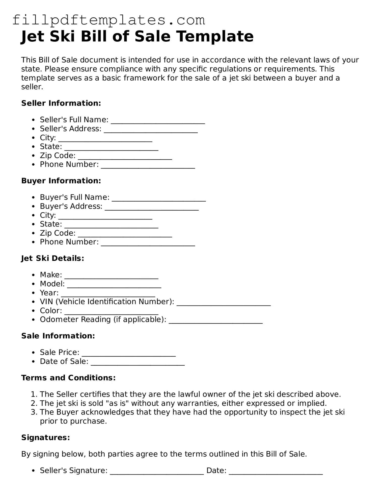 Valid Jet Ski Bill of Sale Form