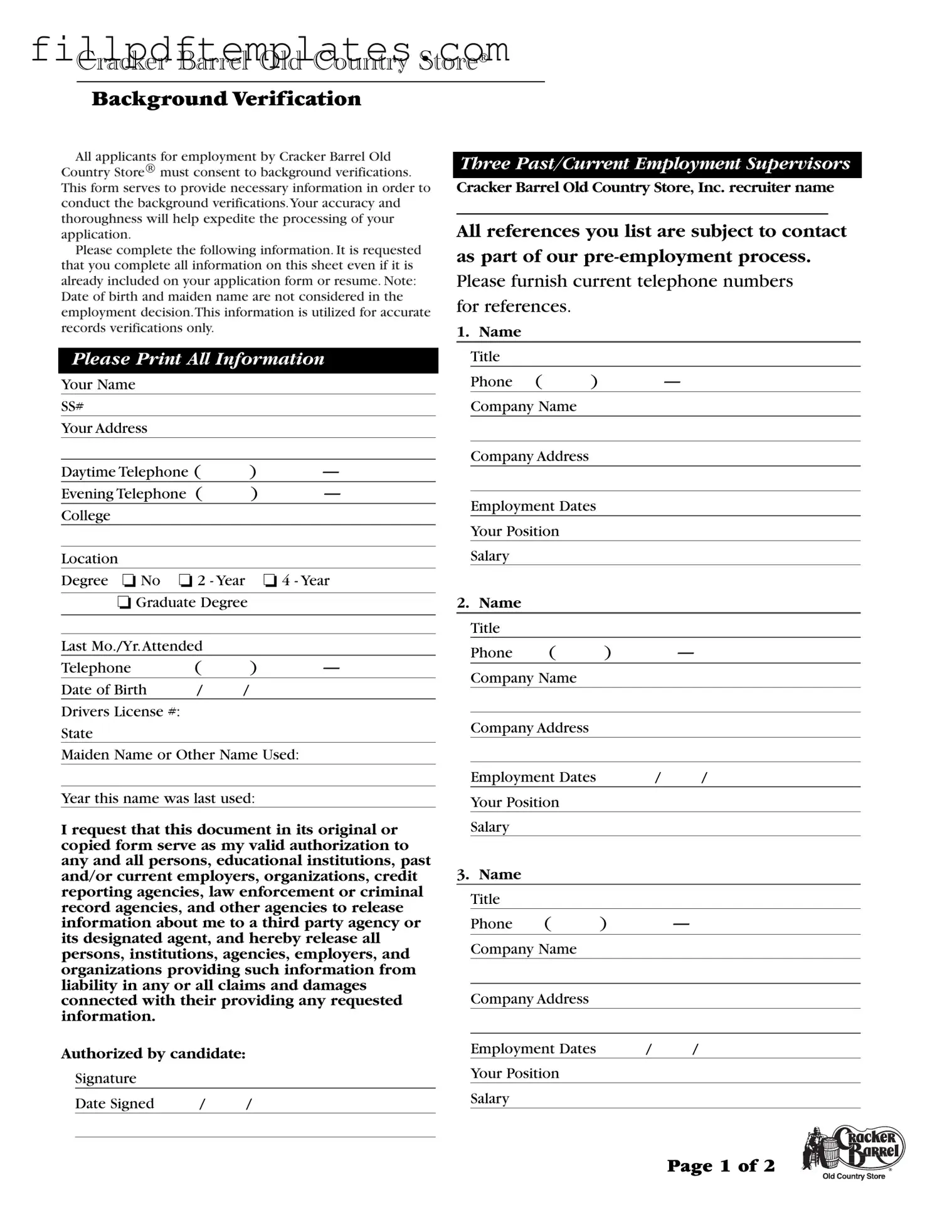 Fill a Valid Cracker Barrel Background Check Template