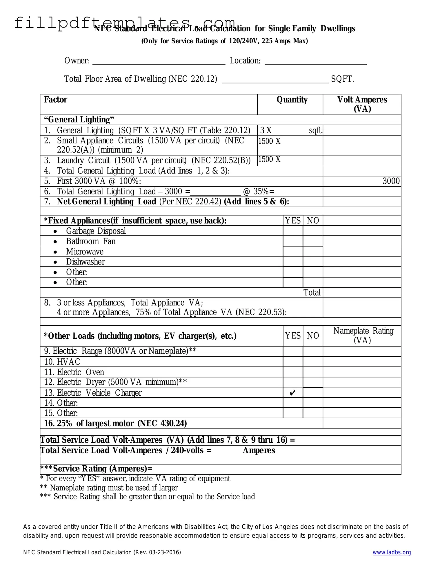 Fill a Valid LADBS NEC Standard Electrical Load Calculation Template