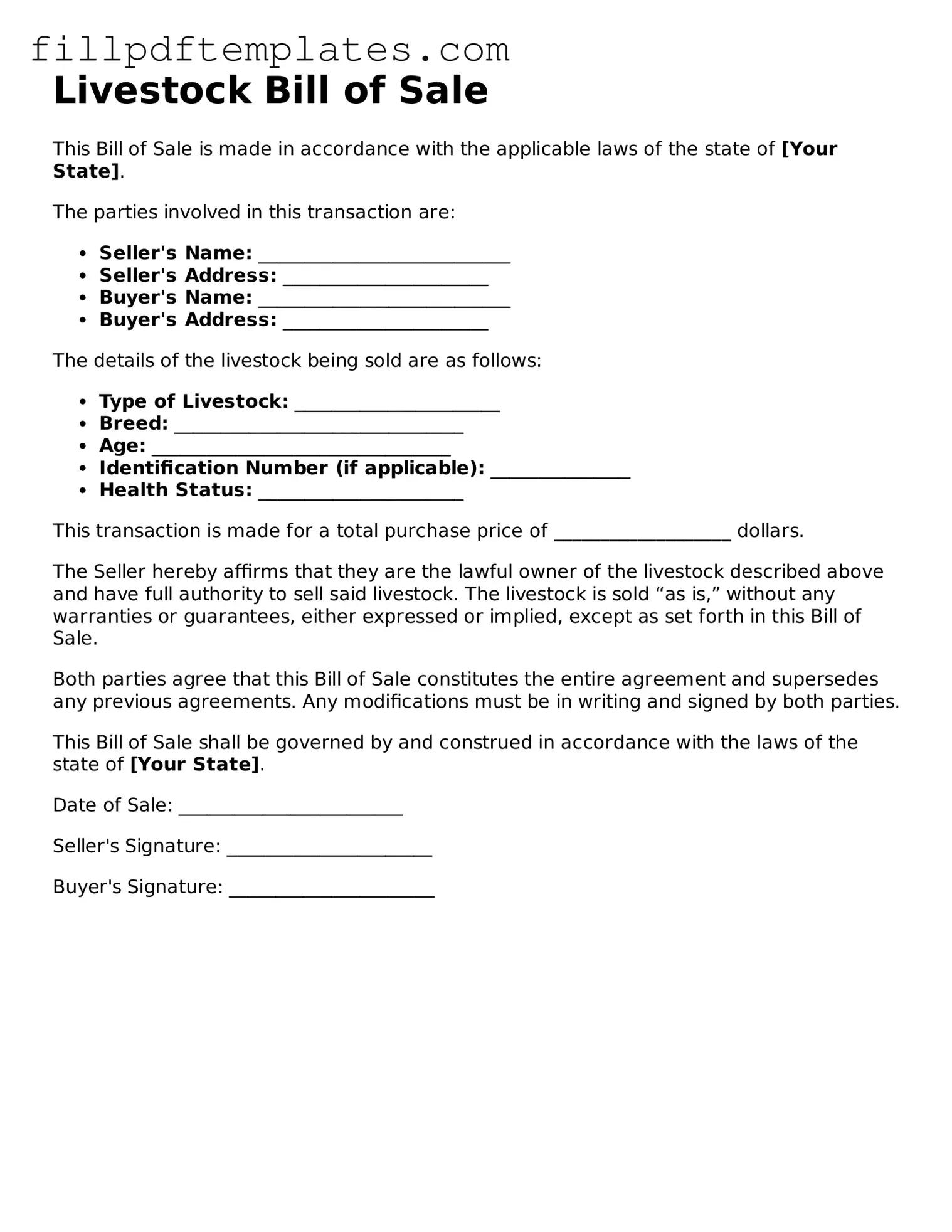 Valid Livestock Bill of Sale Form