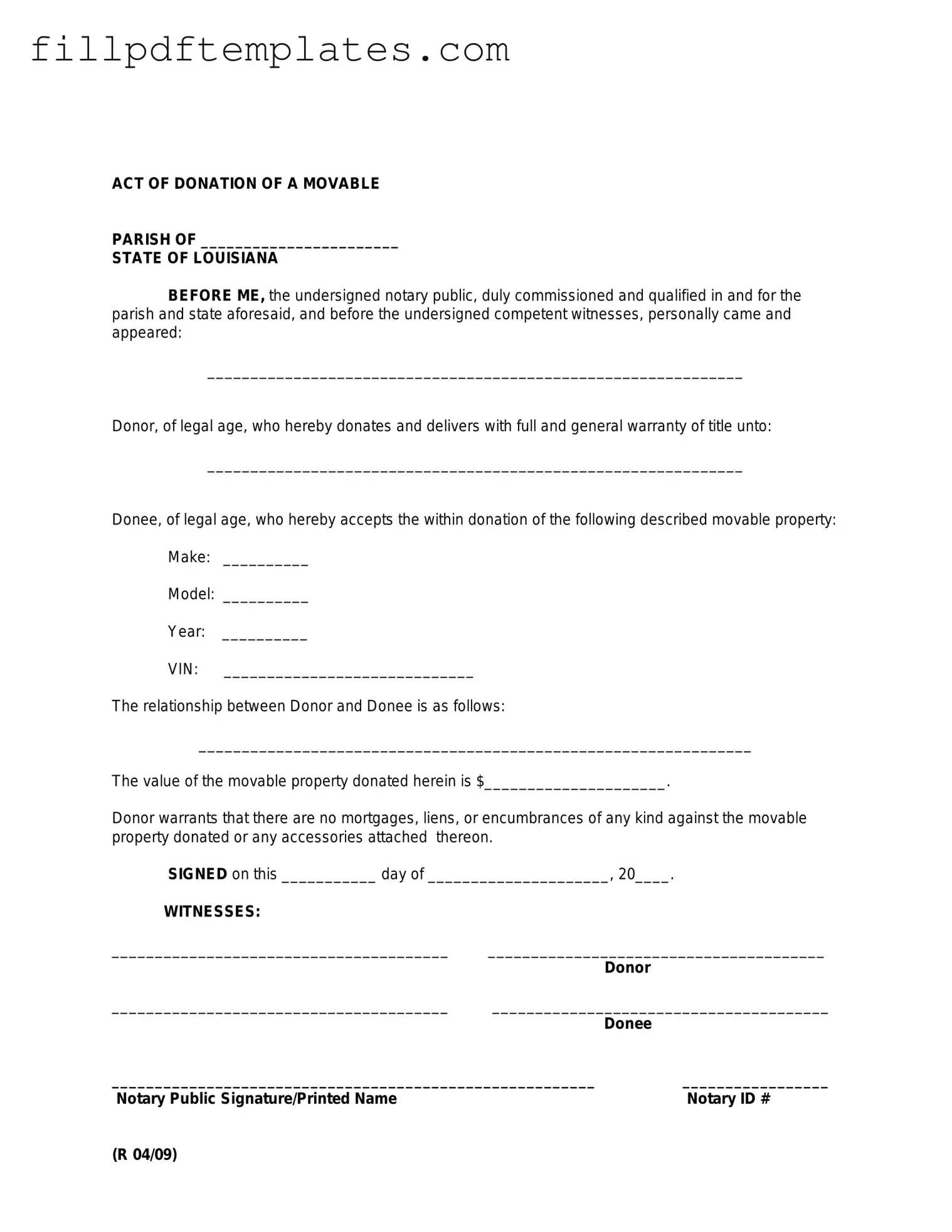 Fill a Valid Louisiana act of donation Template