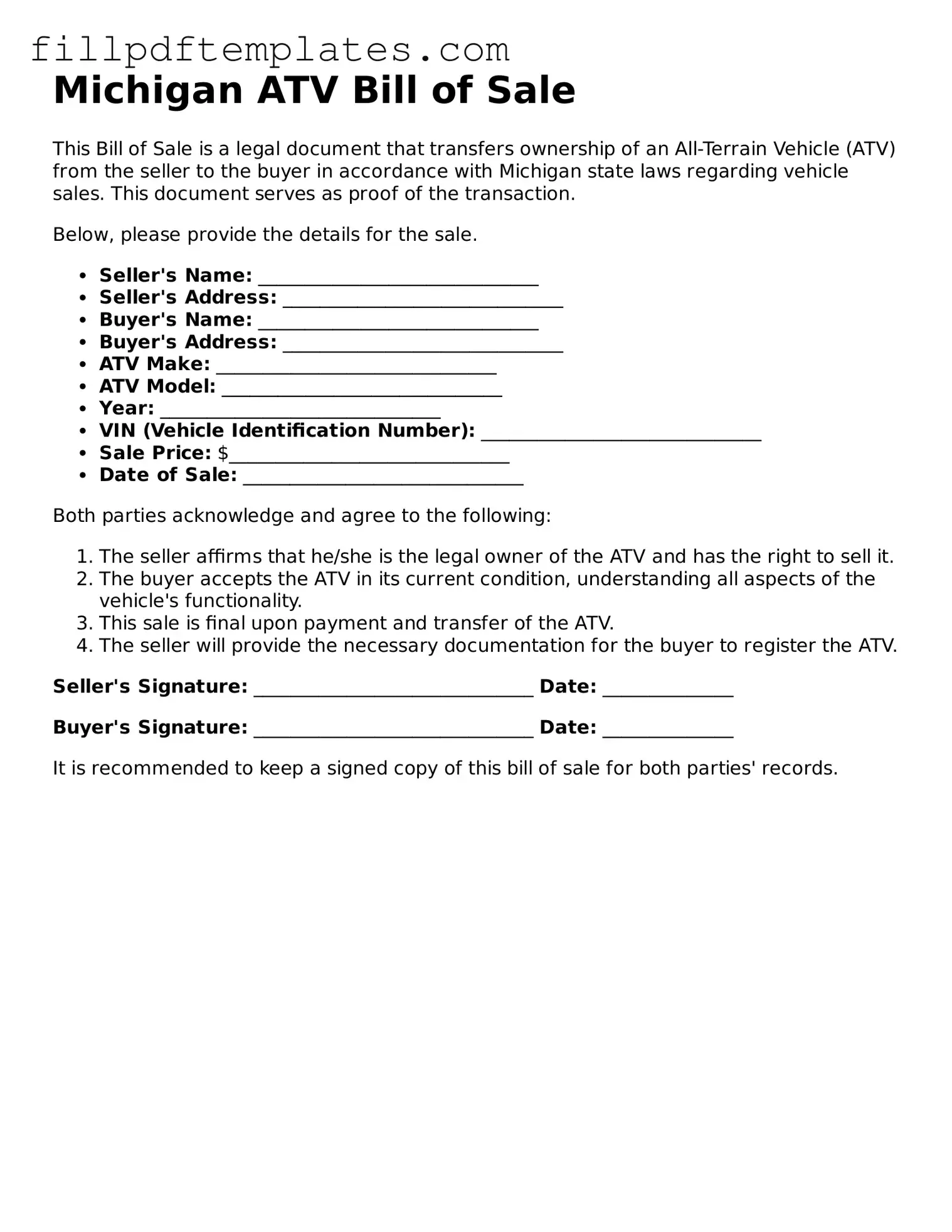 Blank Michigan ATV Bill of Sale Form