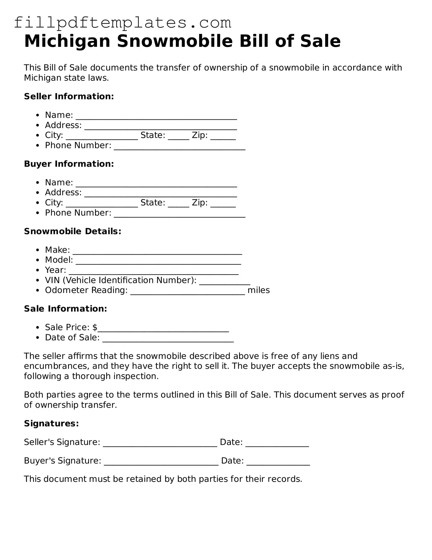 Blank Michigan Snowmobile Bill of Sale Form